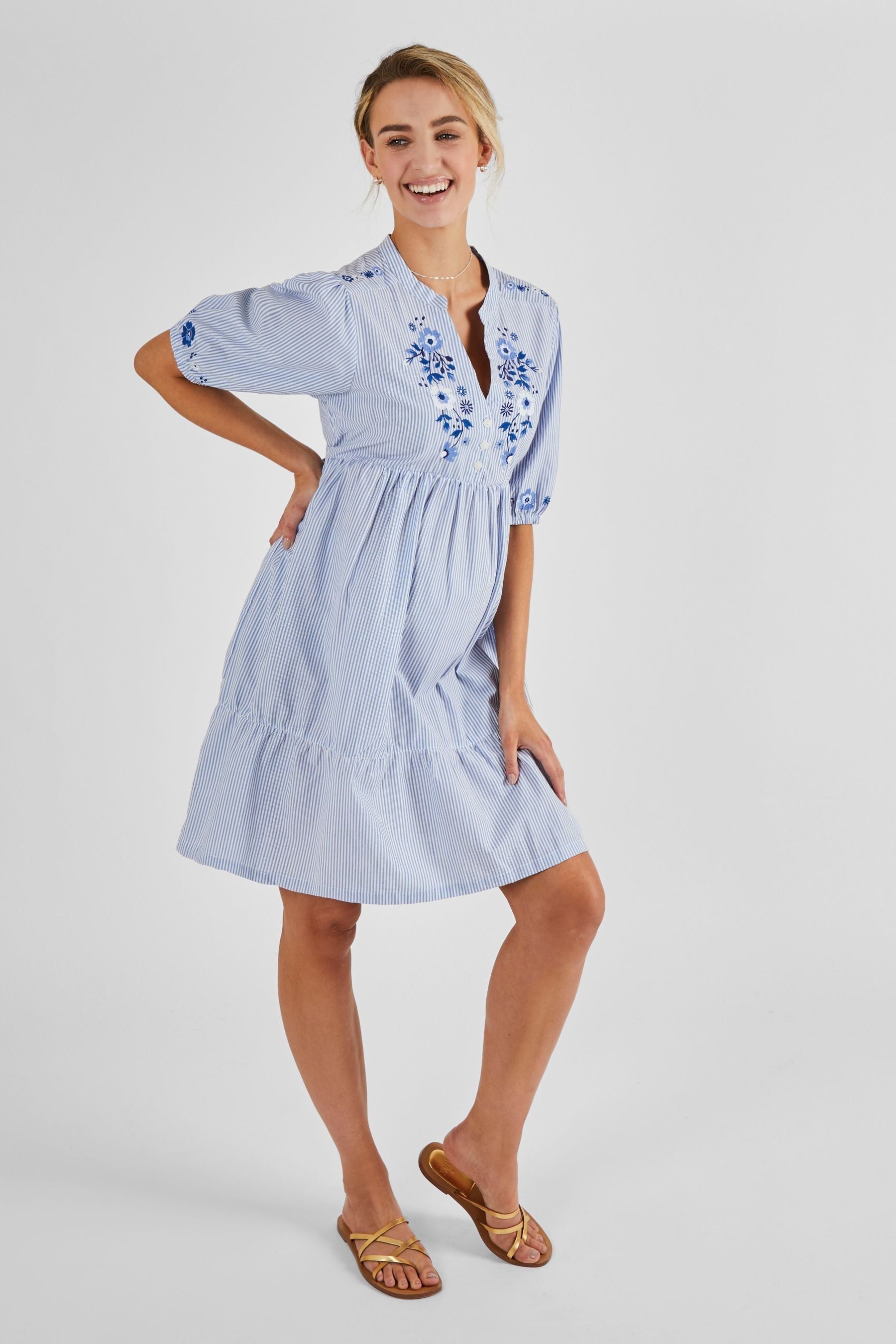 Blue JoJo Maman Bébé Tiered Embroidered Maternity Shirt Dress