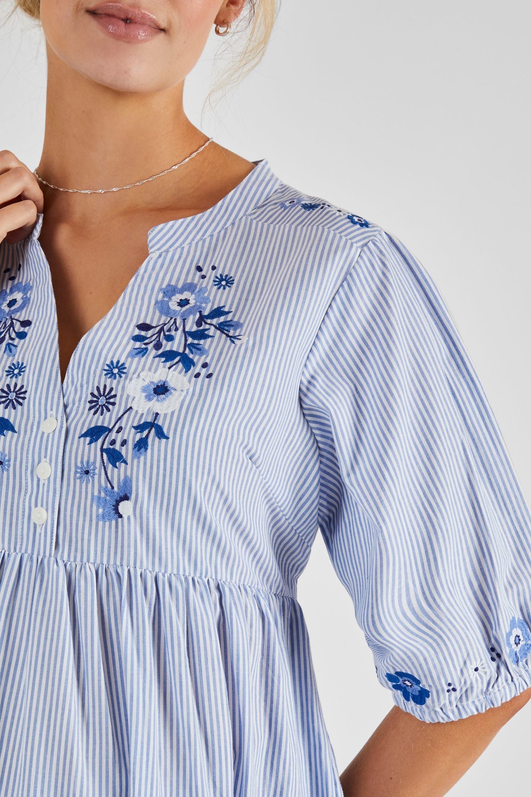 Blue JoJo Maman Bébé Tiered Embroidered Maternity Shirt Dress