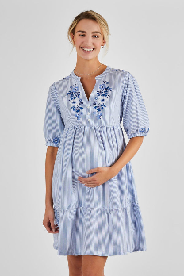 JoJo Maman B?©b?© Blue Tiered Embroidered Maternity Shirt Dress