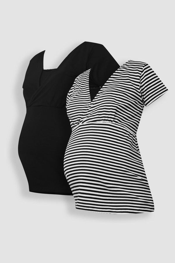 JoJo Maman B?©b?© Black & Black Ecru Cream Stripe 2-Pack Maternity & Nursing T-Shirts