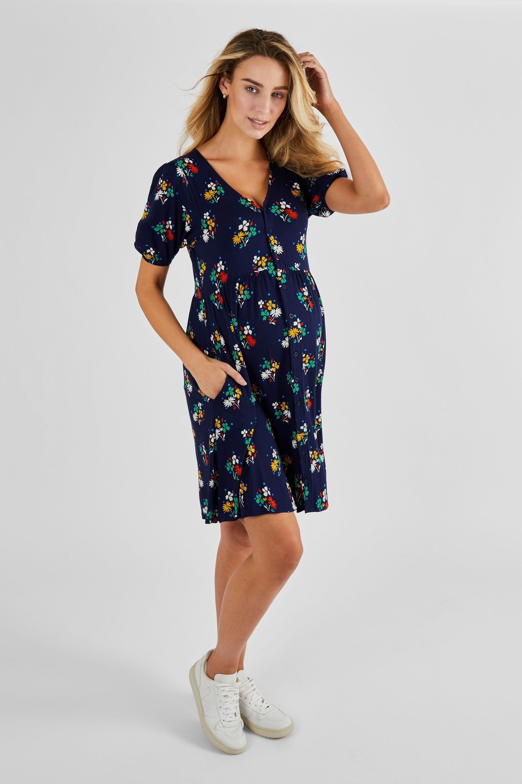 Navy Blue Floral JoJo Maman Bébé Floral V-Neck Maternity Dress