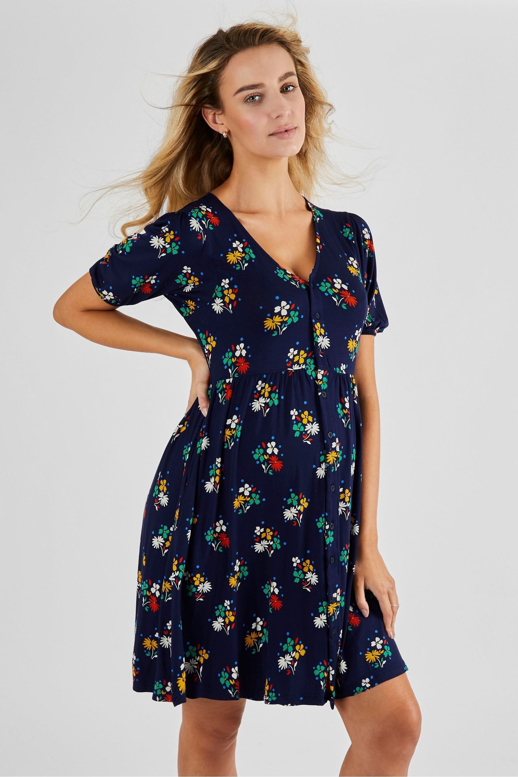 JoJo Maman Bébé Navy Blue Floral Floral Print V-Neck Maternity Dress