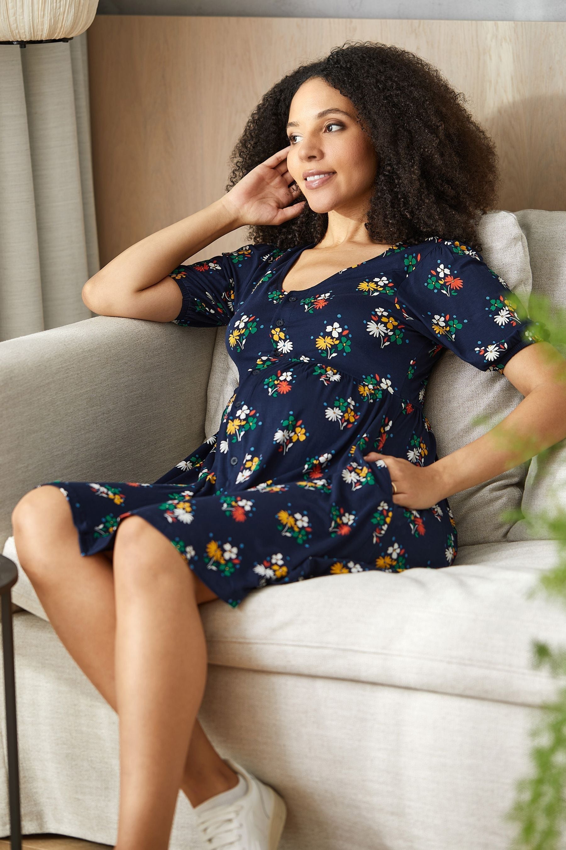 Navy Blue Floral JoJo Maman Bébé Floral V-Neck Maternity Dress