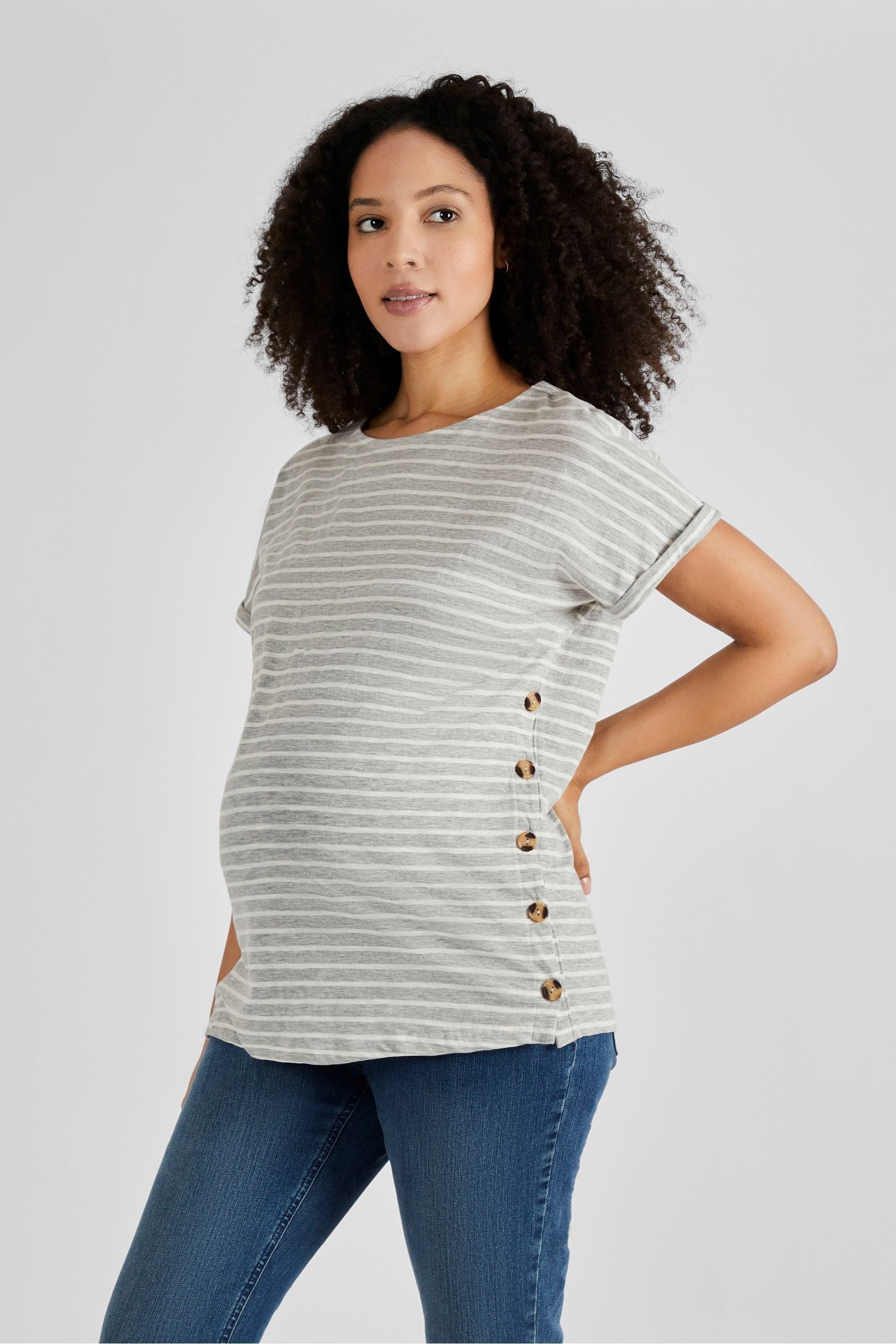 Grey & Ecru Cream Stripe JoJo Maman Bébé Drop Shoulder Maternity & Nursing T-Shirt