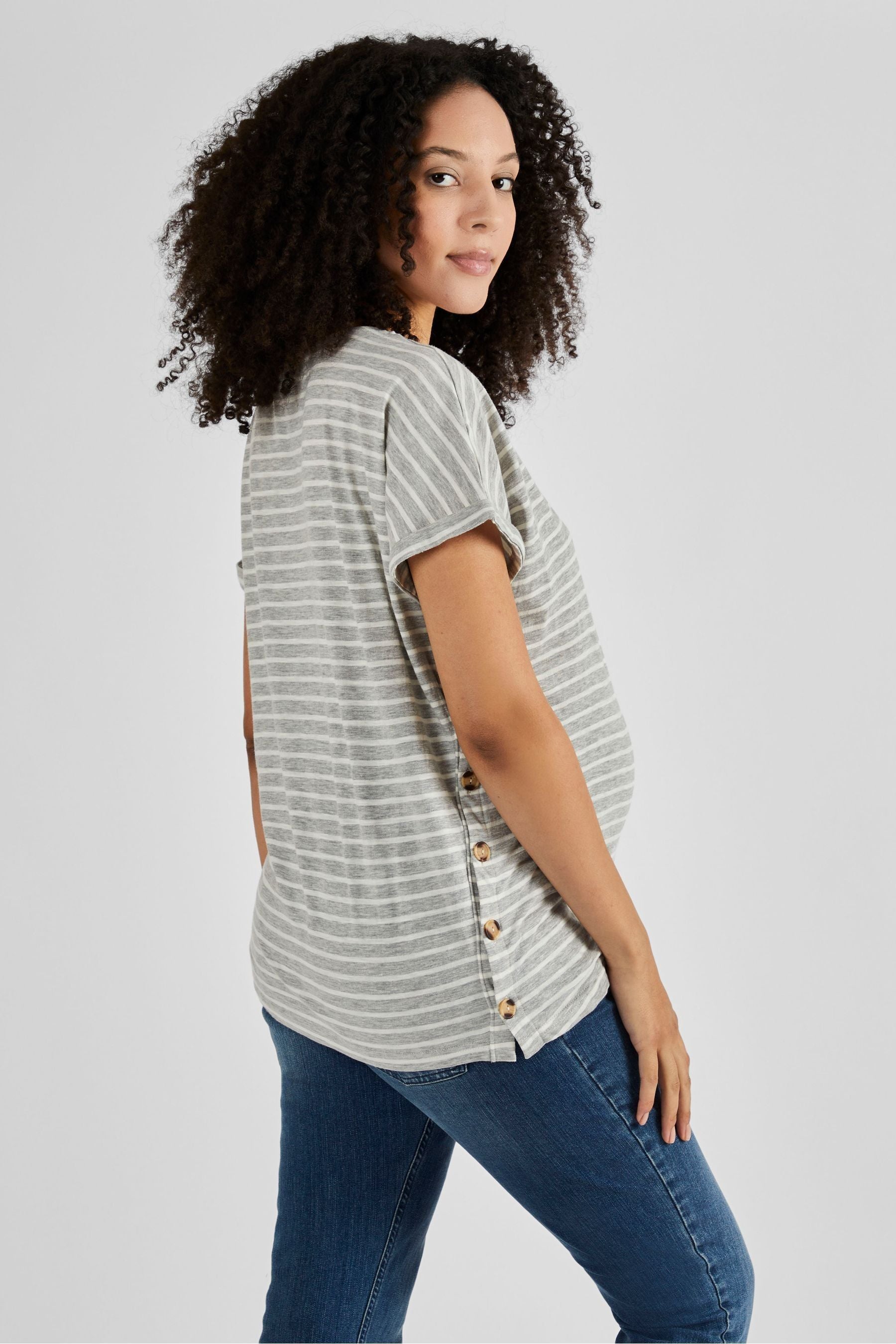 Grey & Ecru Cream Stripe JoJo Maman Bébé Drop Shoulder Maternity & Nursing T-Shirt