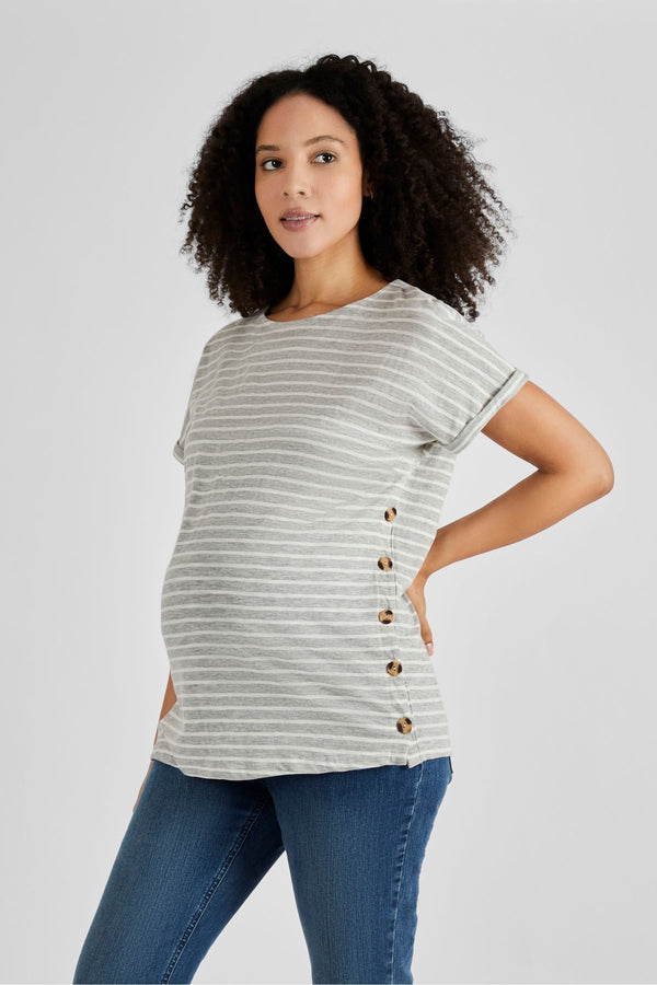 JoJo Maman B?©b?© Grey & Ecru Cream Stripe Drop Shoulder Maternity & Nursing T-Shirt