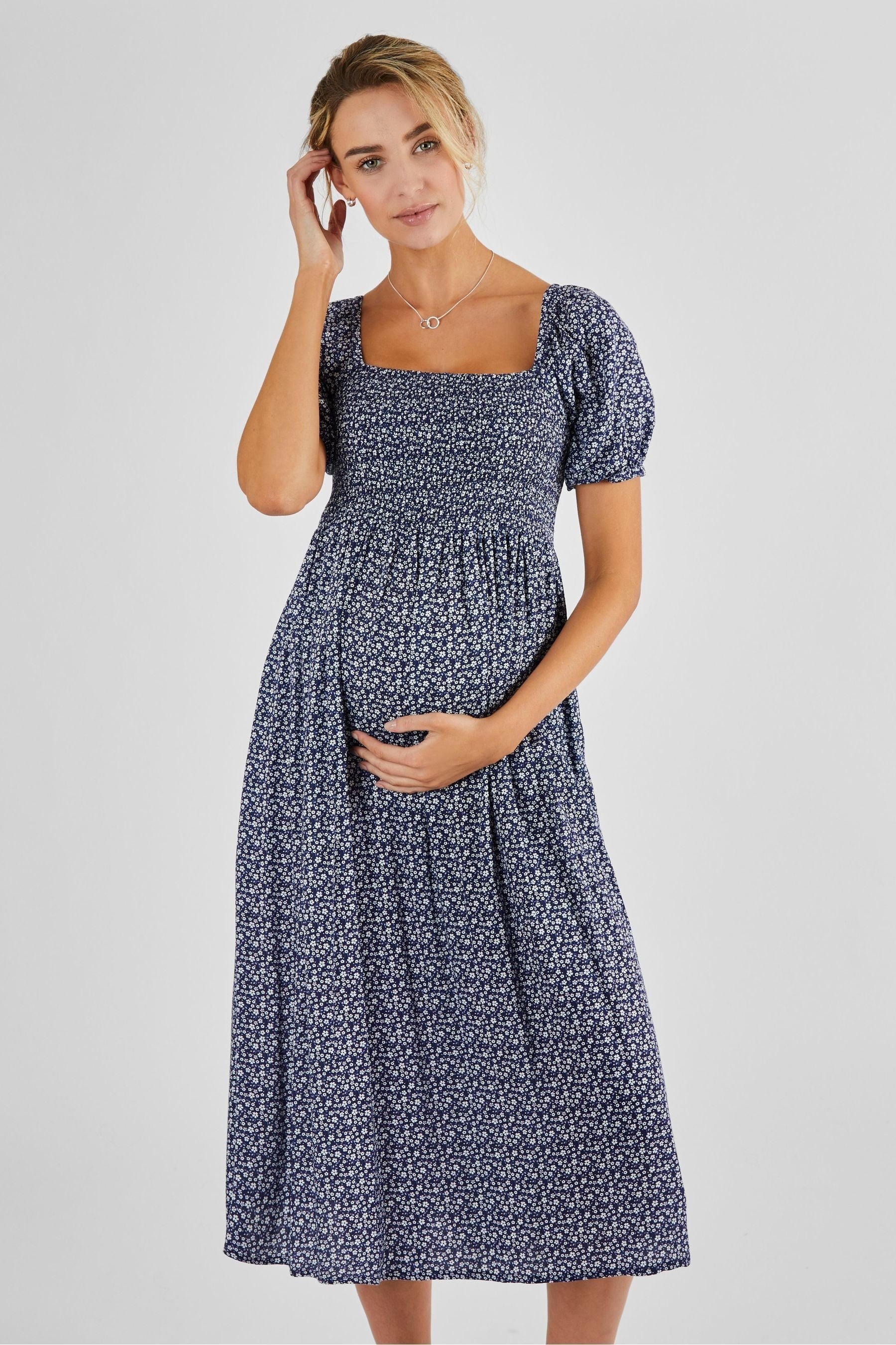 JoJo Maman Bébé Navy Blue Ditsy Shirred Maternity Midi Dress