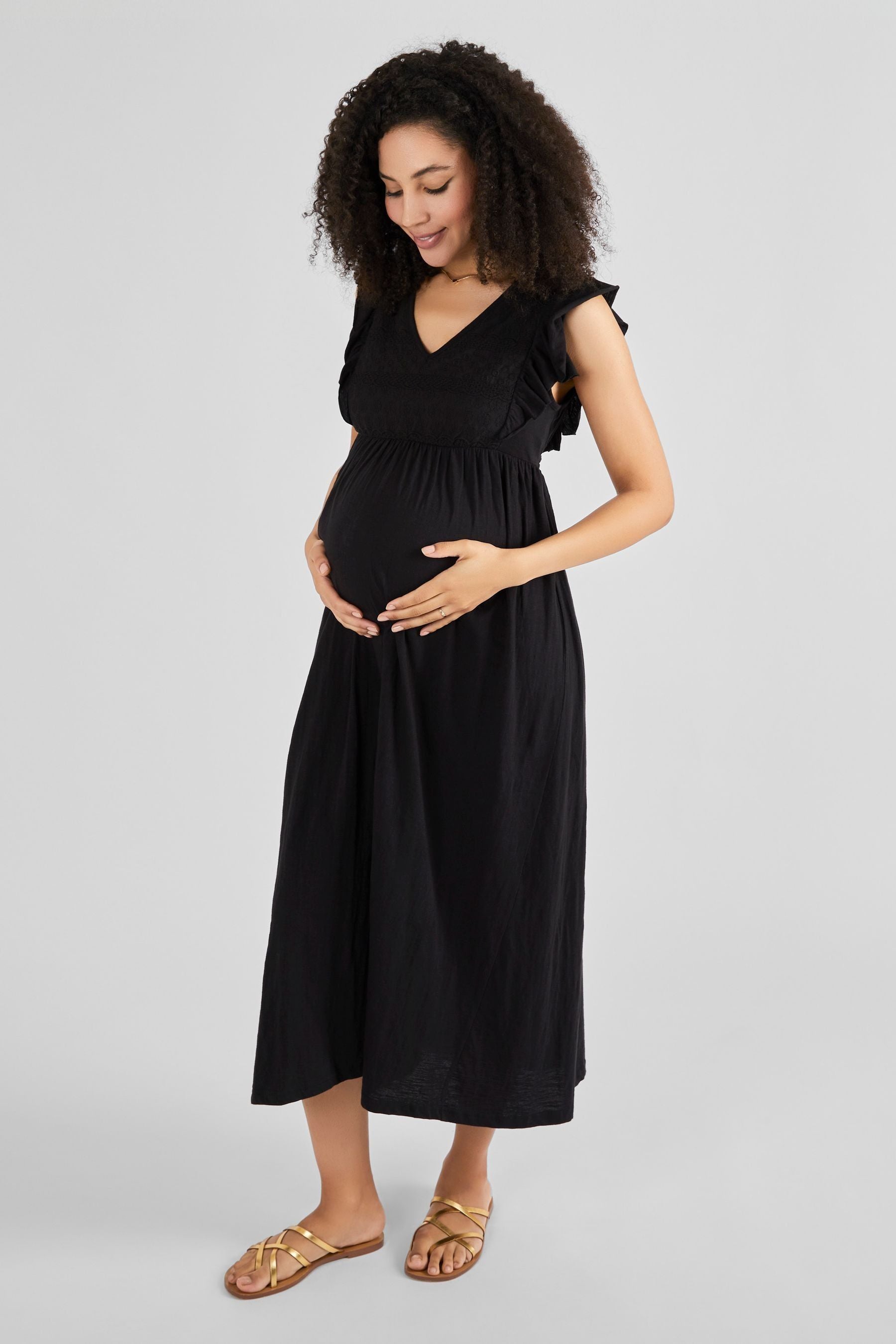 Black JoJo Maman Bébé Broderie Maternity Maxi Dress