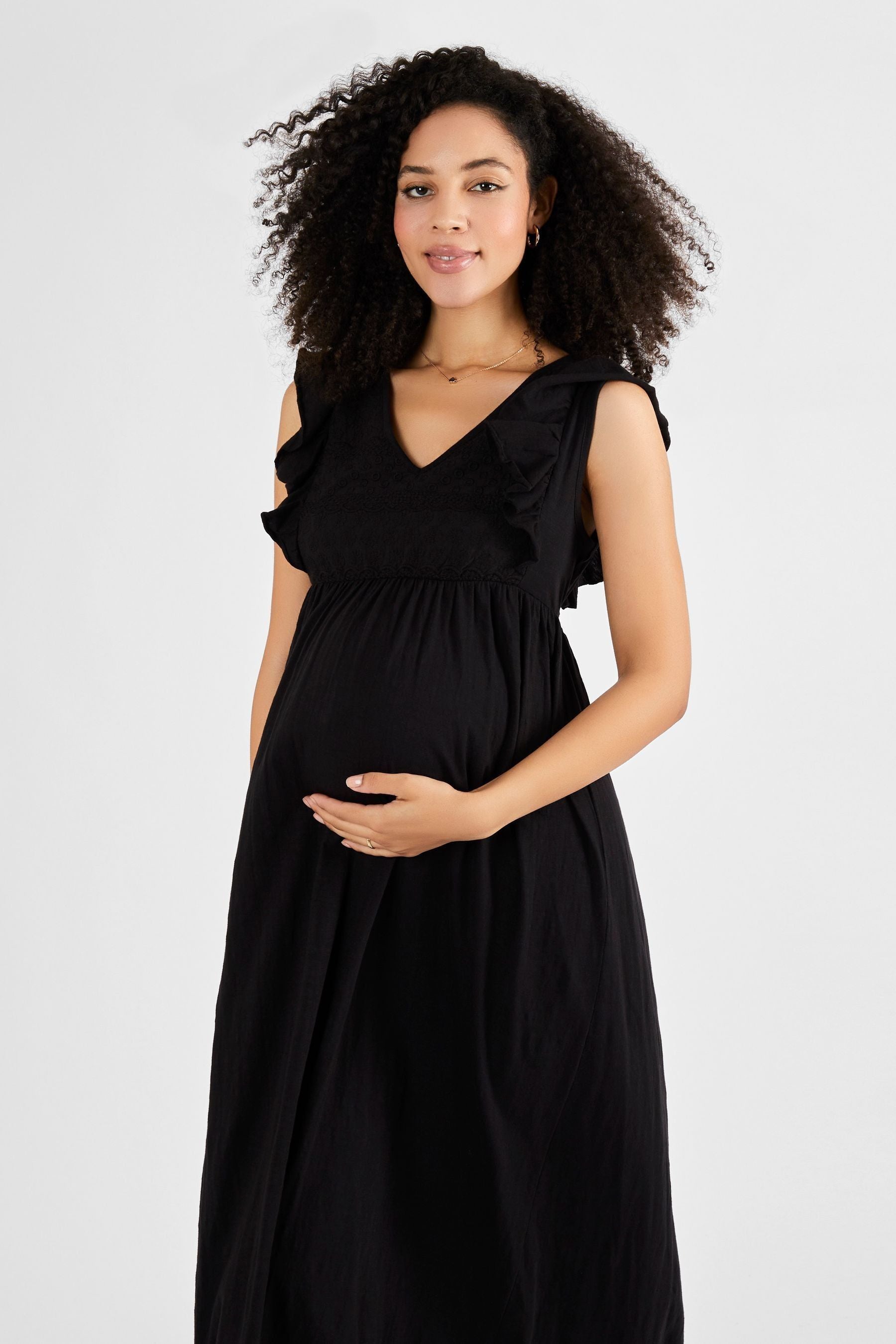 Black JoJo Maman Bébé Broderie Maternity Maxi Dress