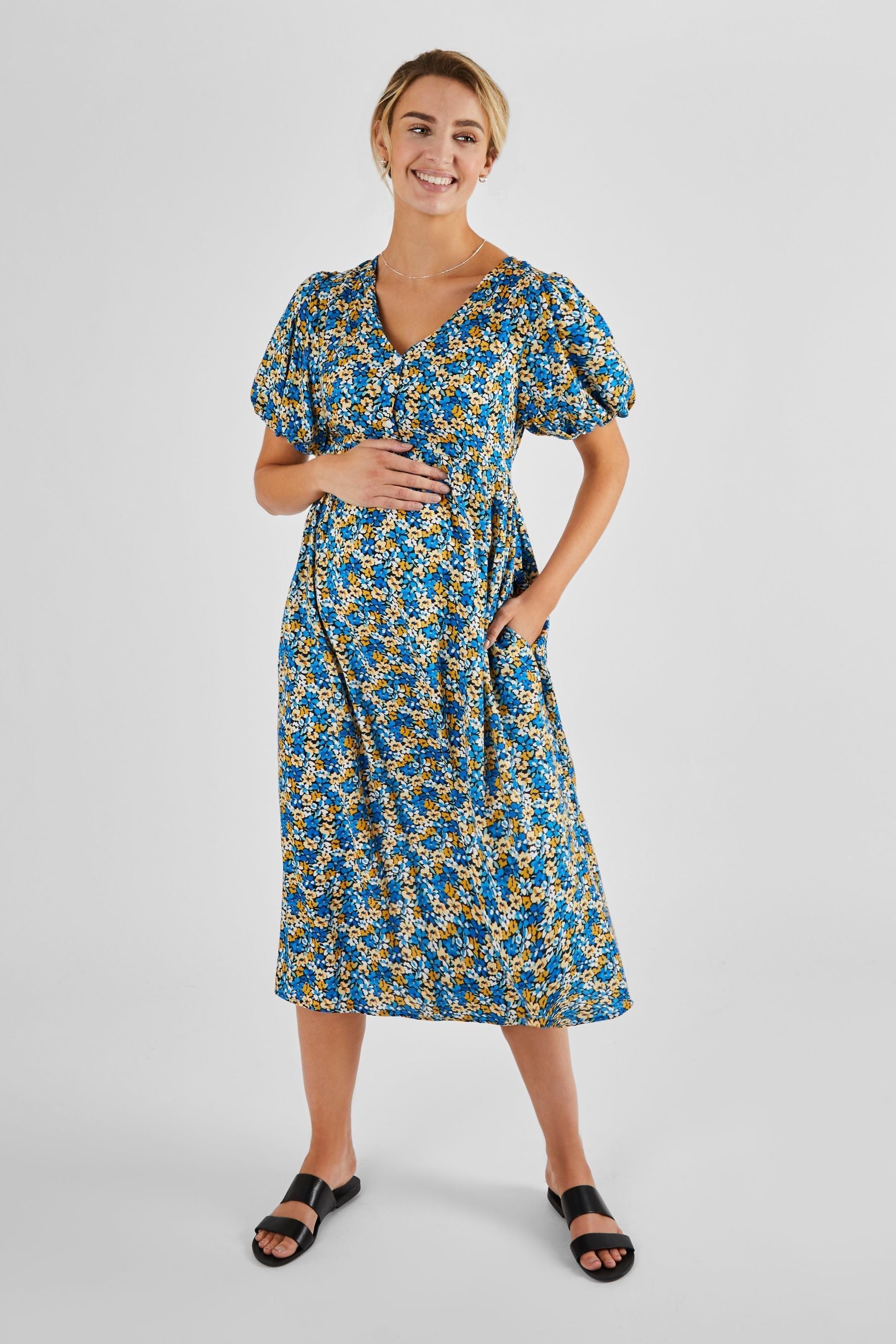 Blue Yellow Floral JoJo Maman Bébé Puff Sleeve Maternity Midi Dress