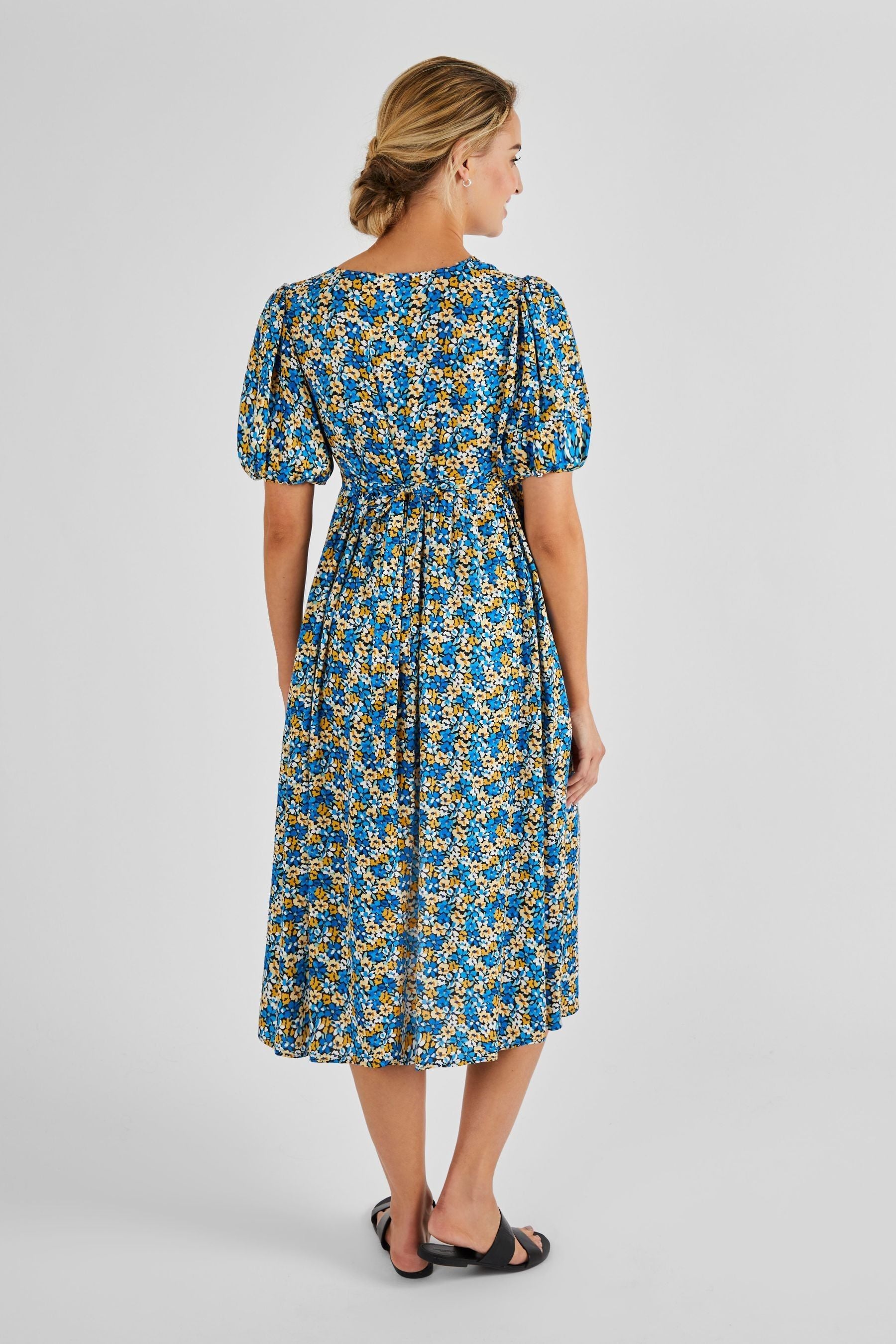 Blue Yellow Floral JoJo Maman Bébé Puff Sleeve Maternity Midi Dress