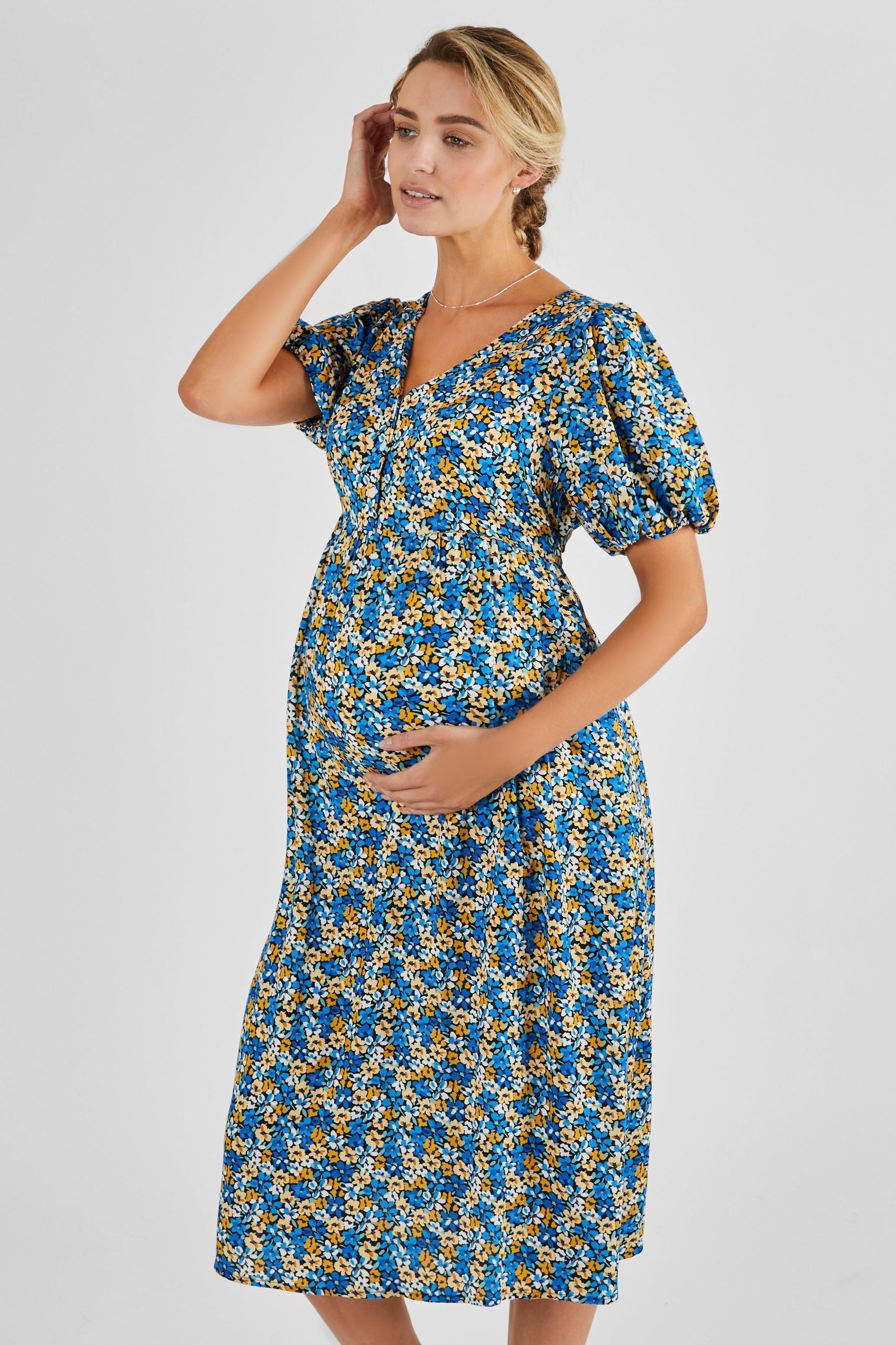 Blue Yellow Floral JoJo Maman Bébé Puff Sleeve Maternity Midi Dress