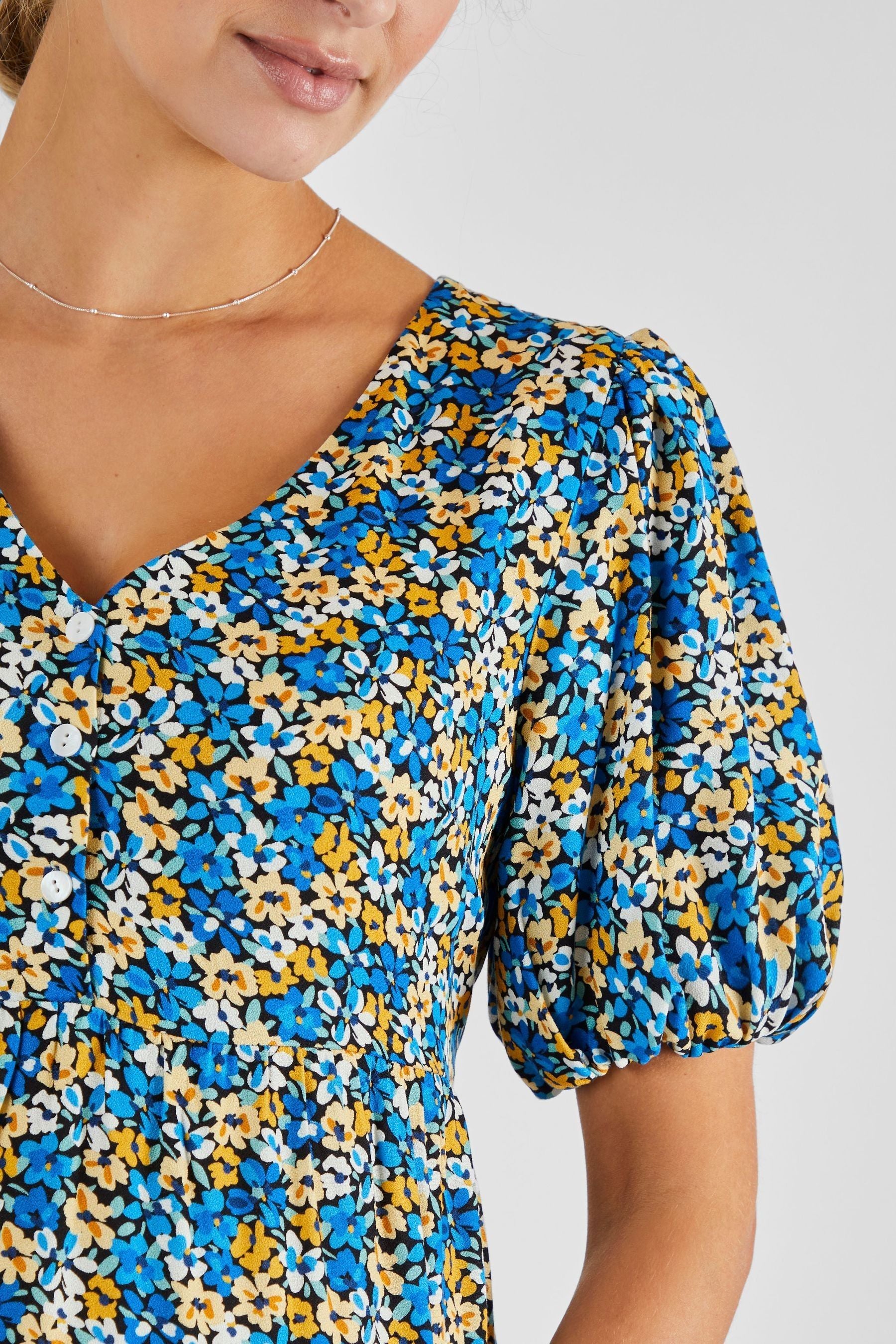 Blue Yellow Floral JoJo Maman Bébé Puff Sleeve Maternity Midi Dress