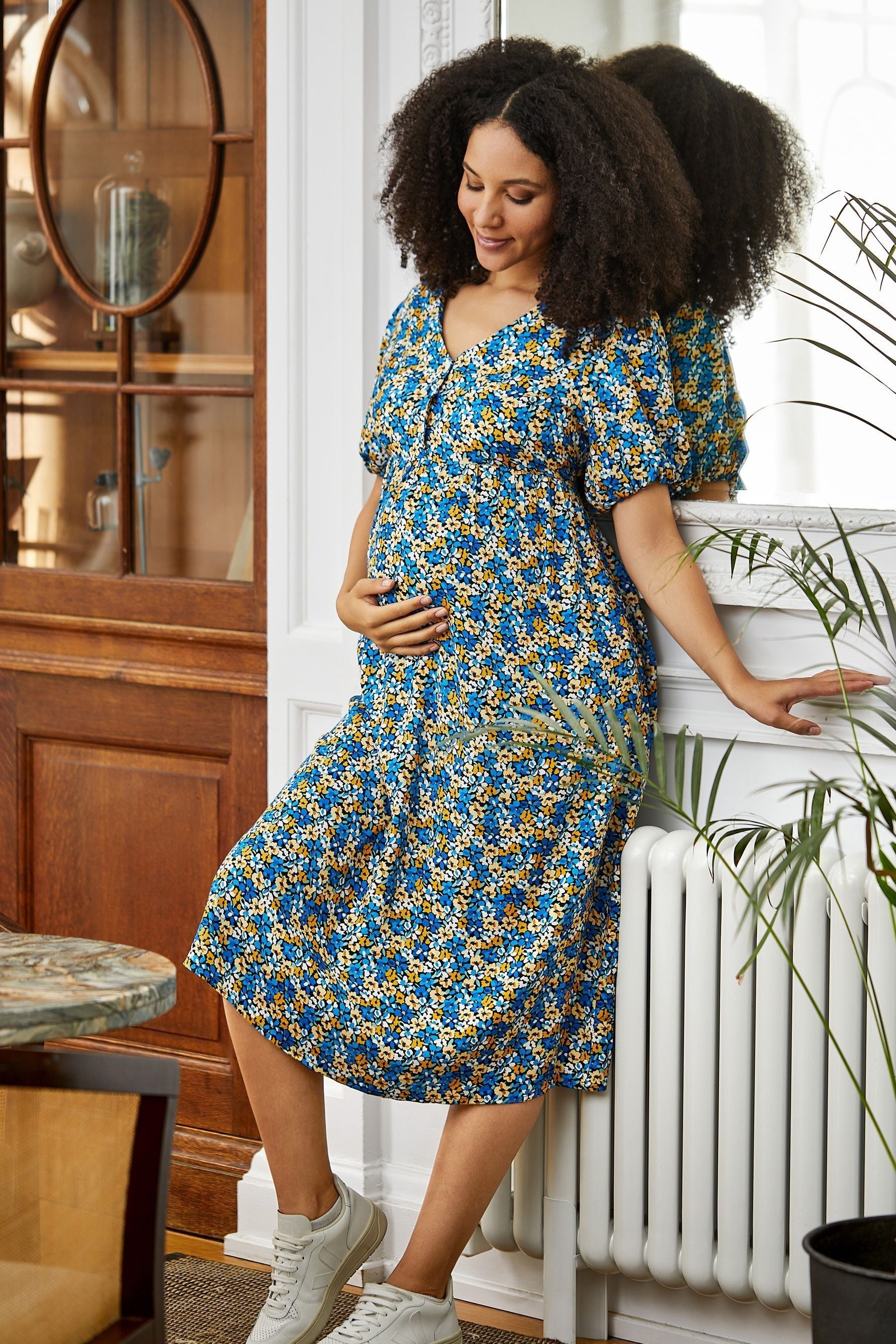 Blue Yellow Floral JoJo Maman Bébé Puff Sleeve Maternity Midi Dress