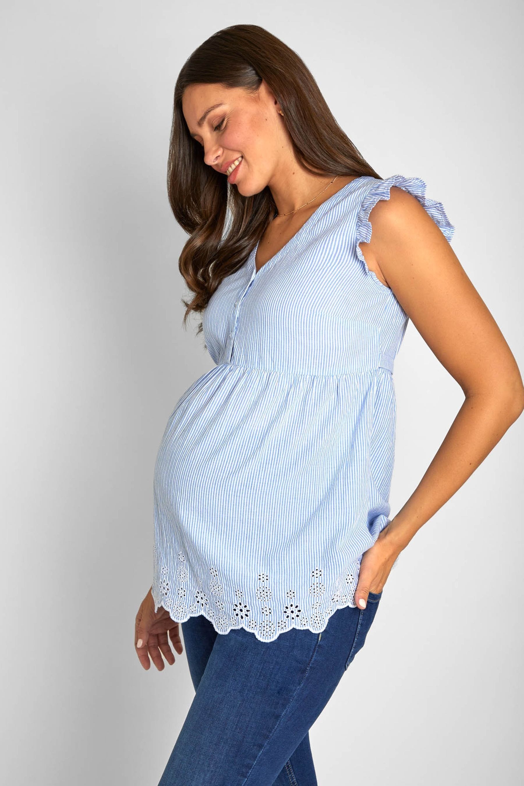 JoJo Maman Bébé Blue Ticking Stripe Flutter Sleeve Maternity Blouse