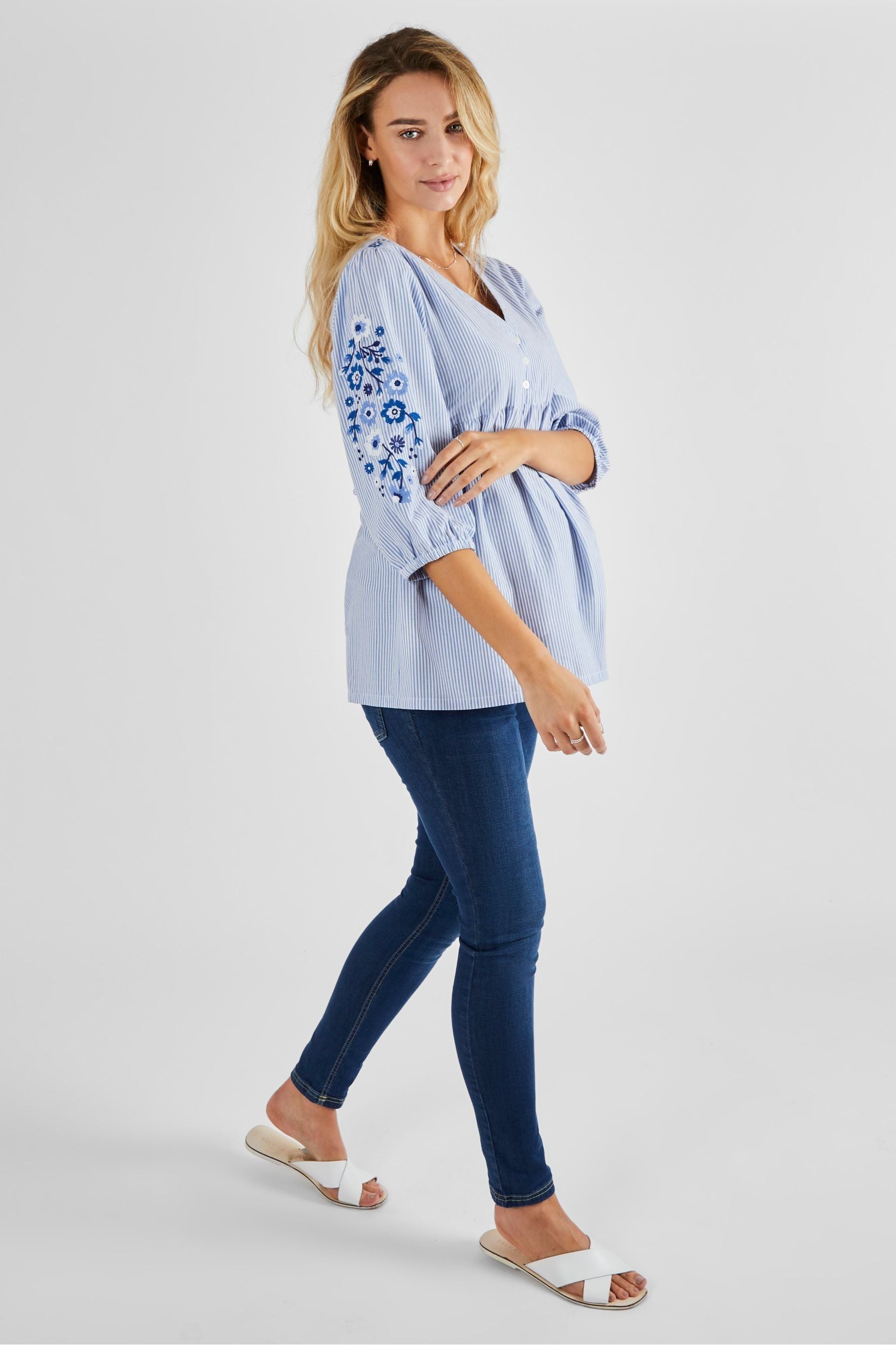 Blue JoJo Maman Bébé Embroidered Maternity Blouse