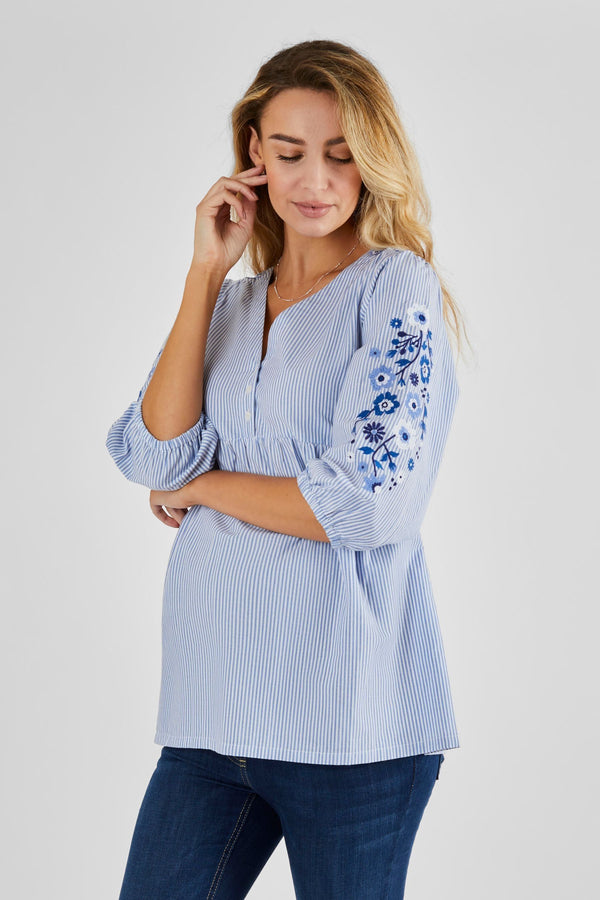 JoJo Maman B?©b?© Blue Embroidered Maternity Blouse