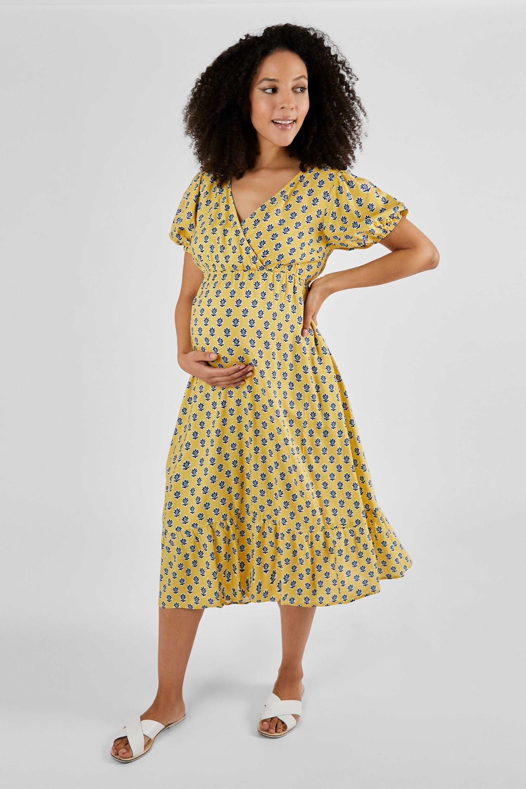 Yellow Batik Print JoJo Maman Bébé Maternity Midi Dress