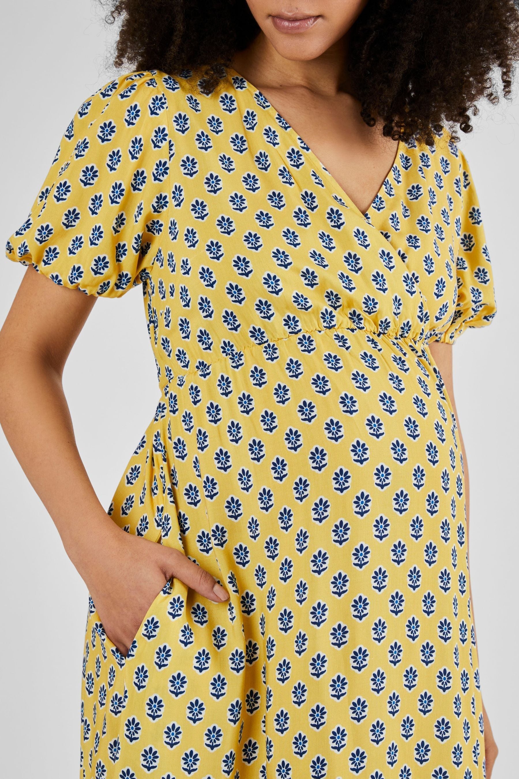 Yellow Batik Print JoJo Maman Bébé Maternity Midi Dress