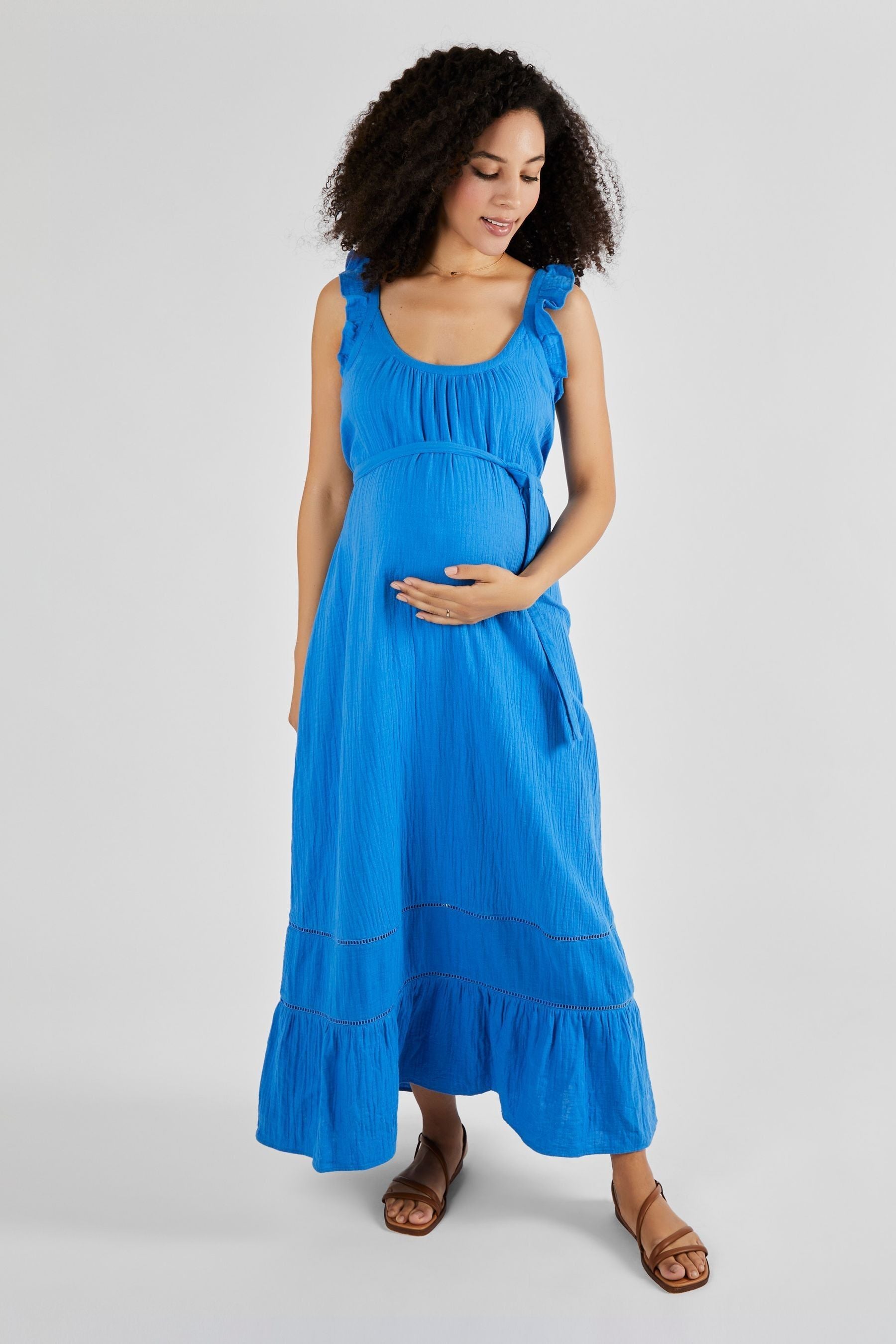 Blue JoJo Maman Bébé Flutter Sleeve Maternity Maxi Dress