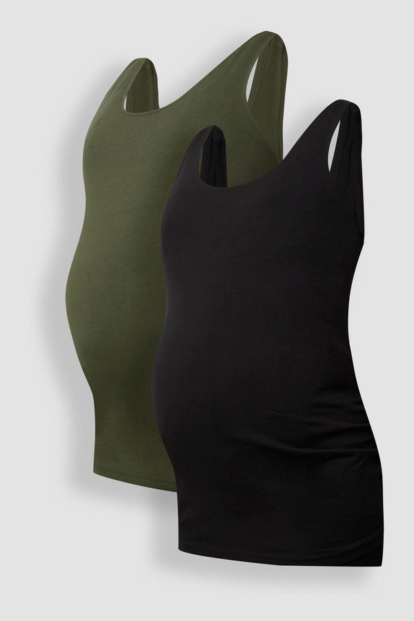 JoJo Maman B?©b?© Khaki Green & Black 2-Pack Ruched Maternity Vest Tops