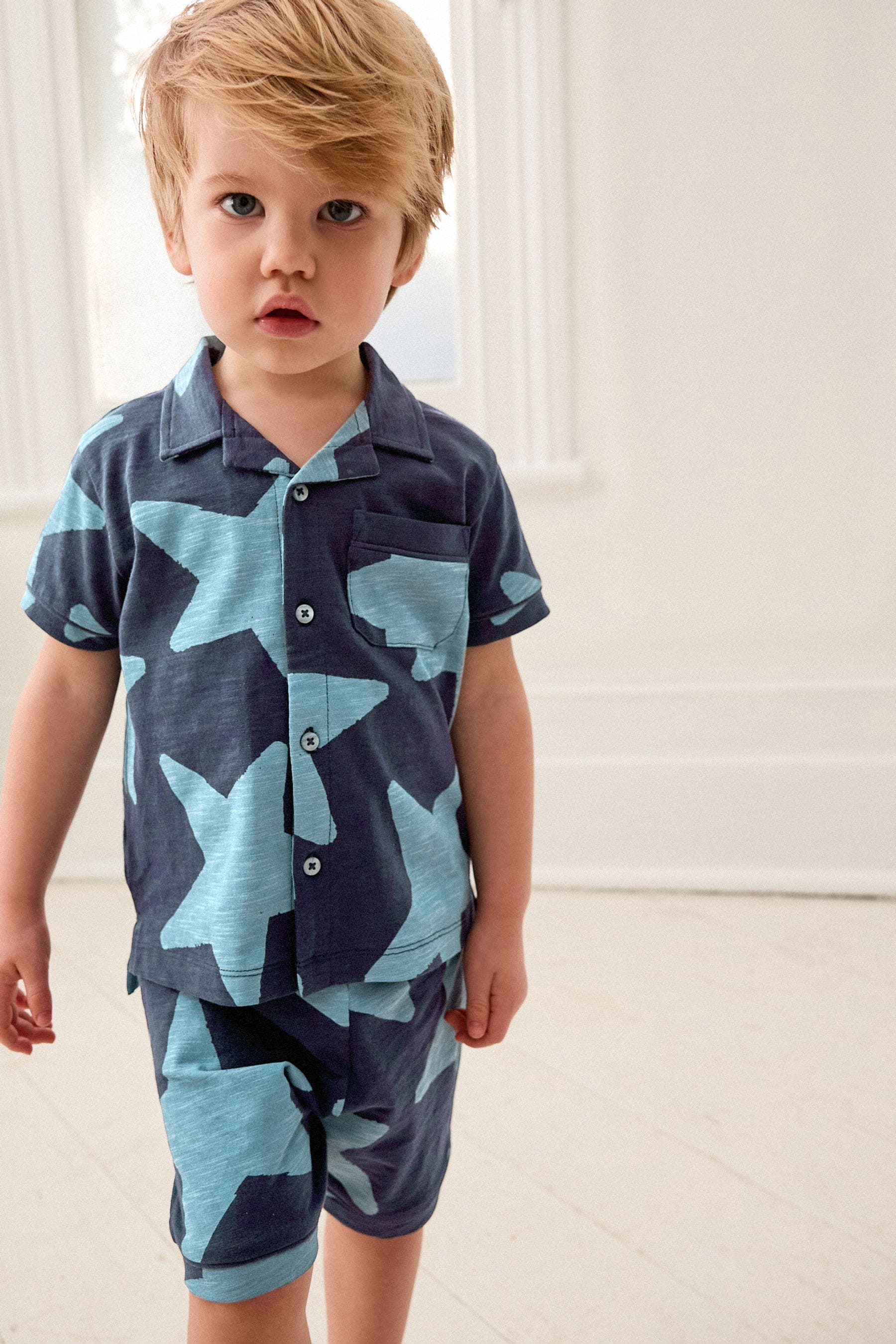 Navy Star Button Down Short Pyjamas (9mths-12yrs)