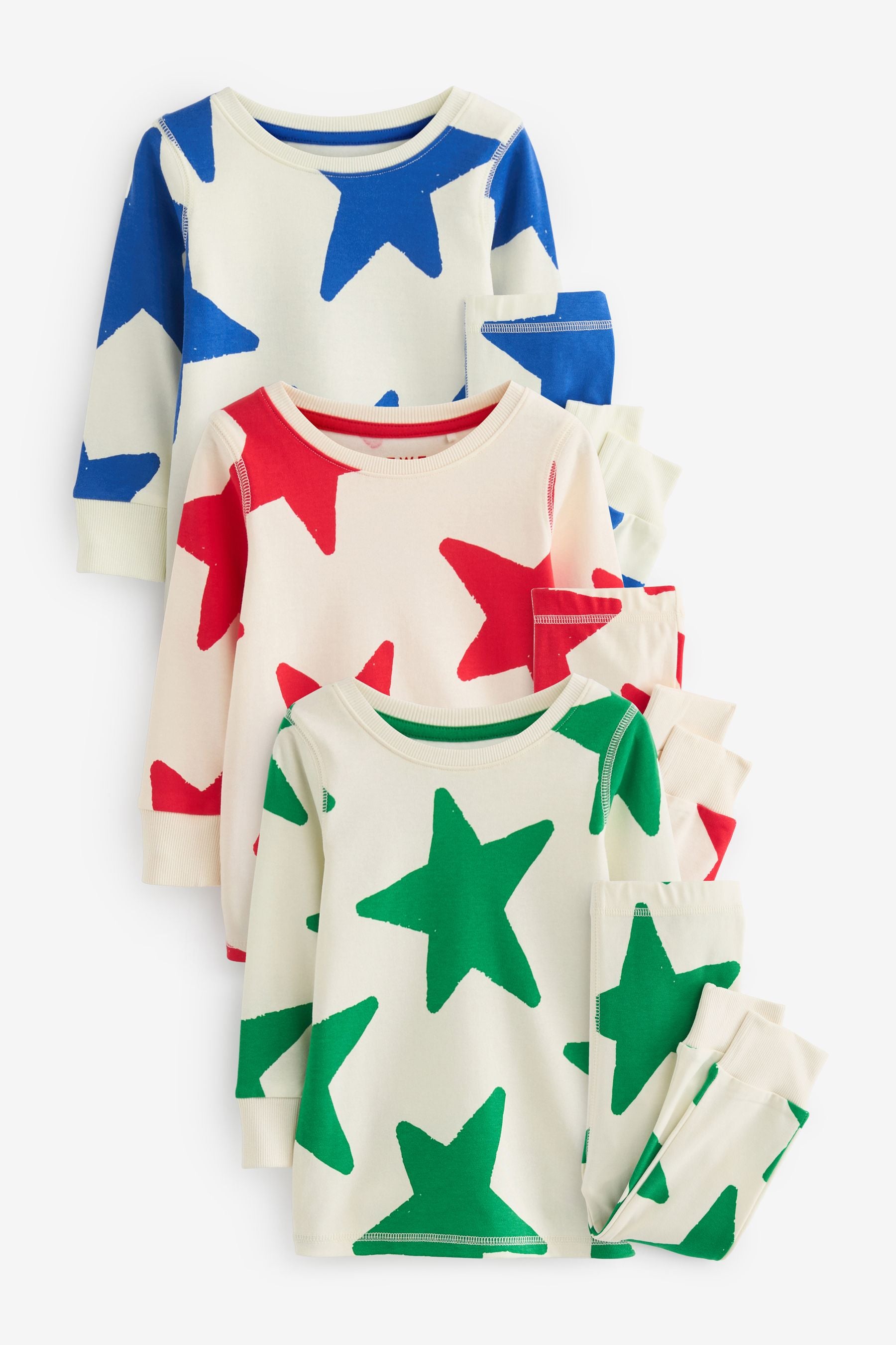 Red/Blue/Green Stars Snuggle 100% Cotton Pyjamas 3 Pack (9mths-12yrs)