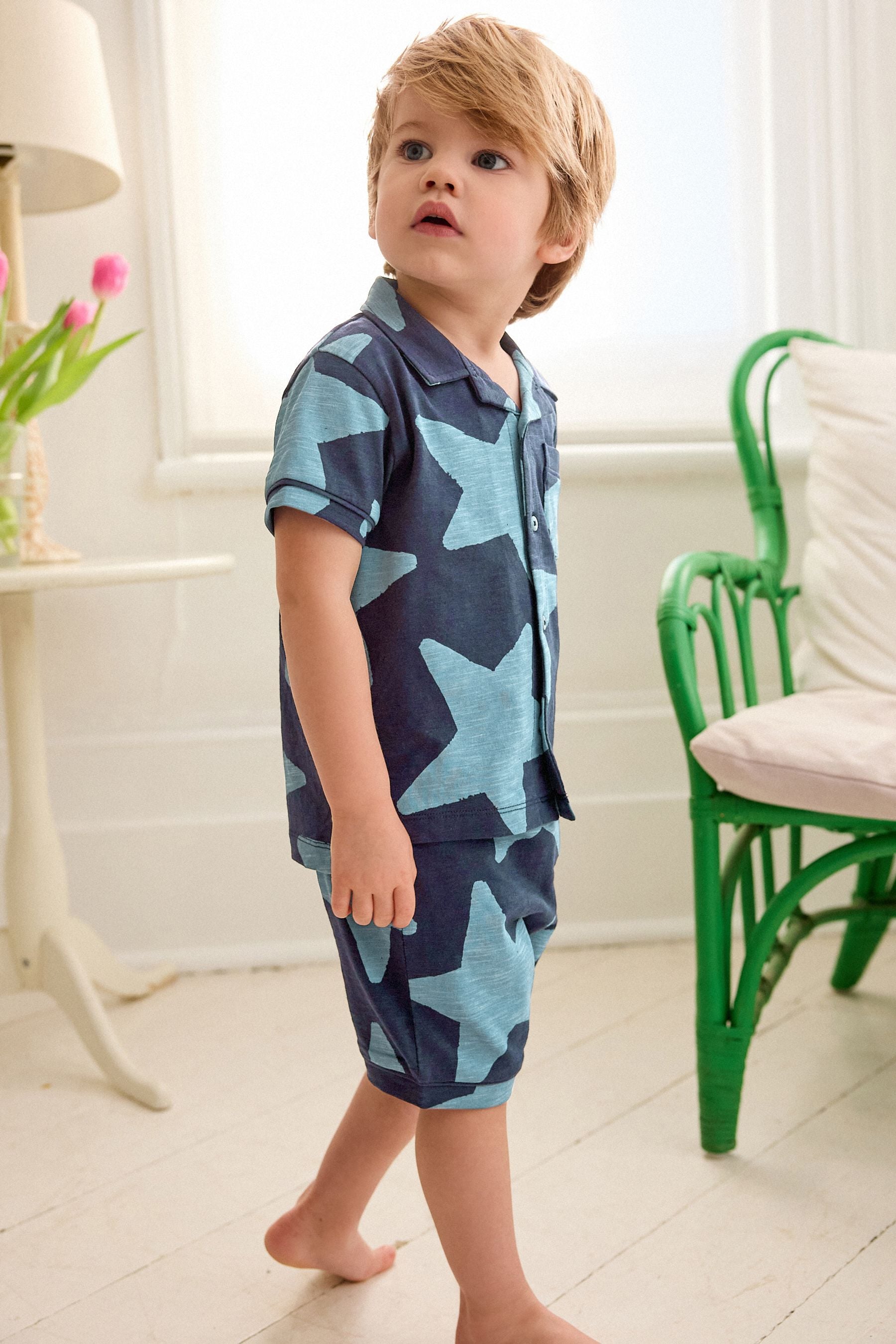 Navy Star Button Down Short Pyjamas (9mths-12yrs)