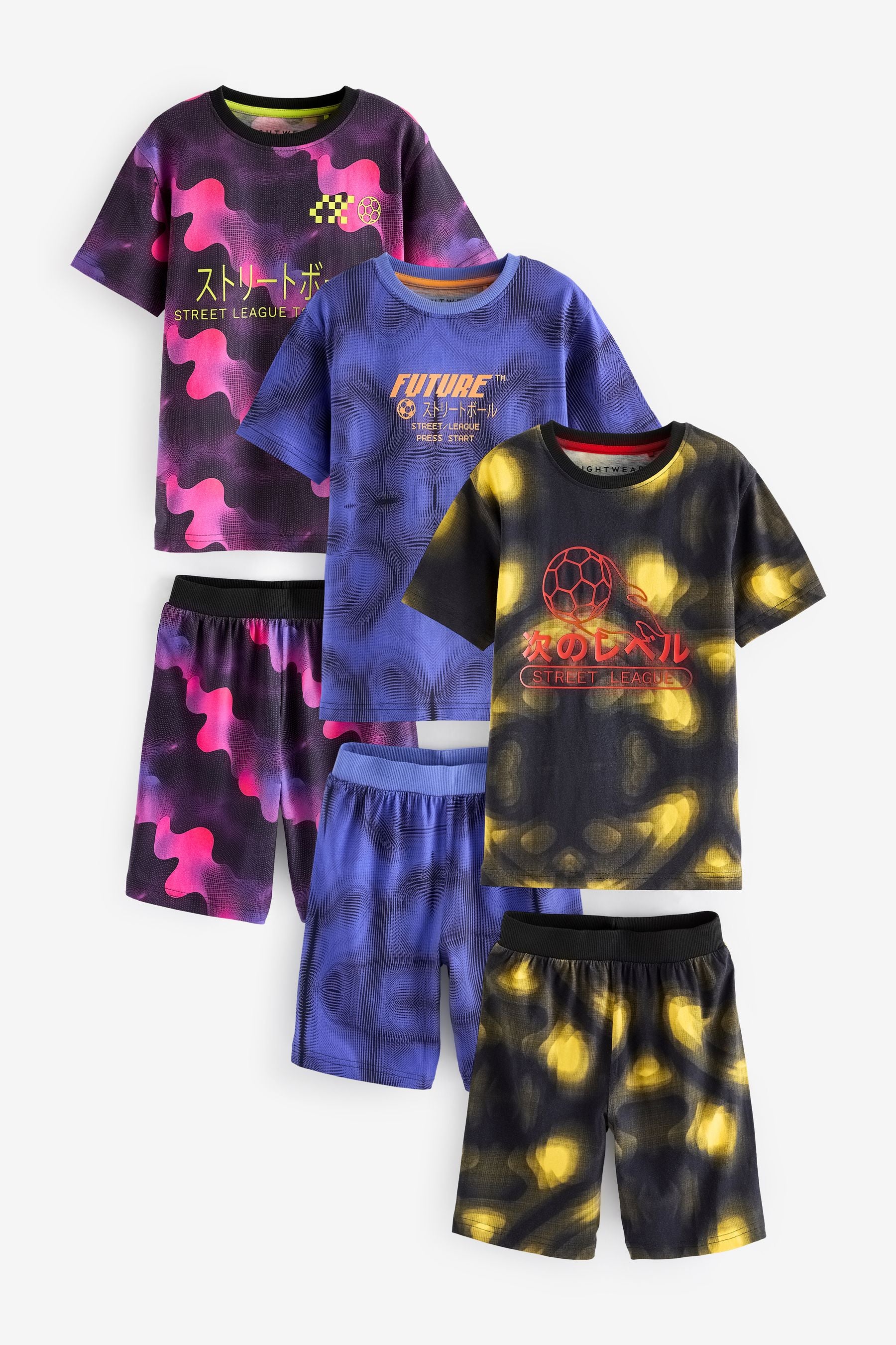 Multi Bright Football Graphics Short Pyjamas 3 Pack (3-16yrs)