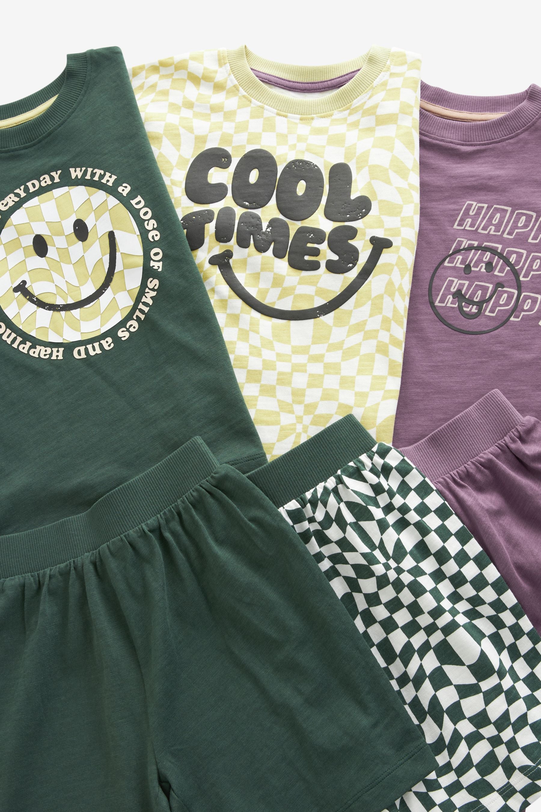 Purple/Green Checkerboard Smiley Short Pyjamas 3 Pack (9mths-12yrs)