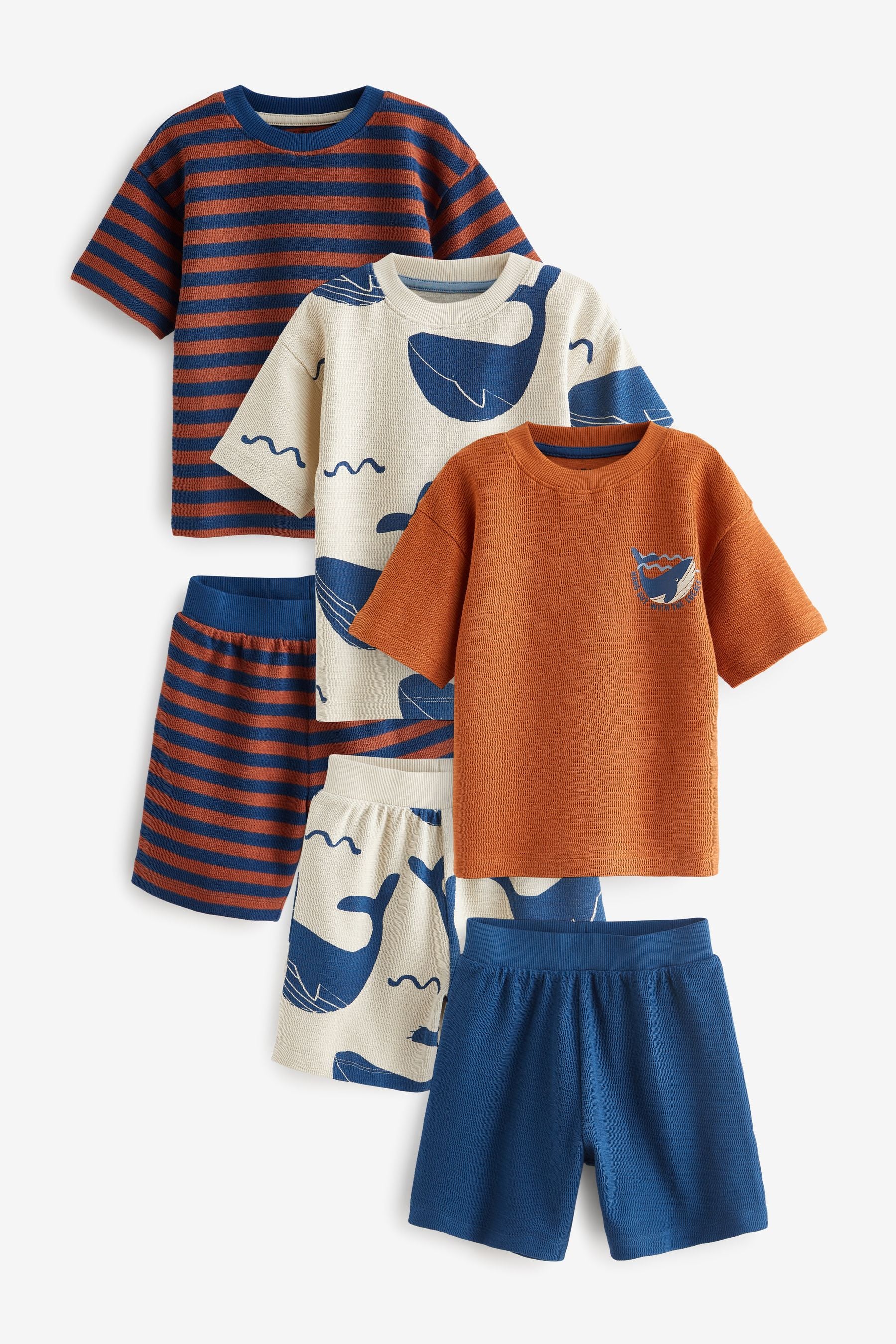 Rust/Navy Textured Whale Short Sleeve 3 Pack Pyjama Set (9mths-12yrs)