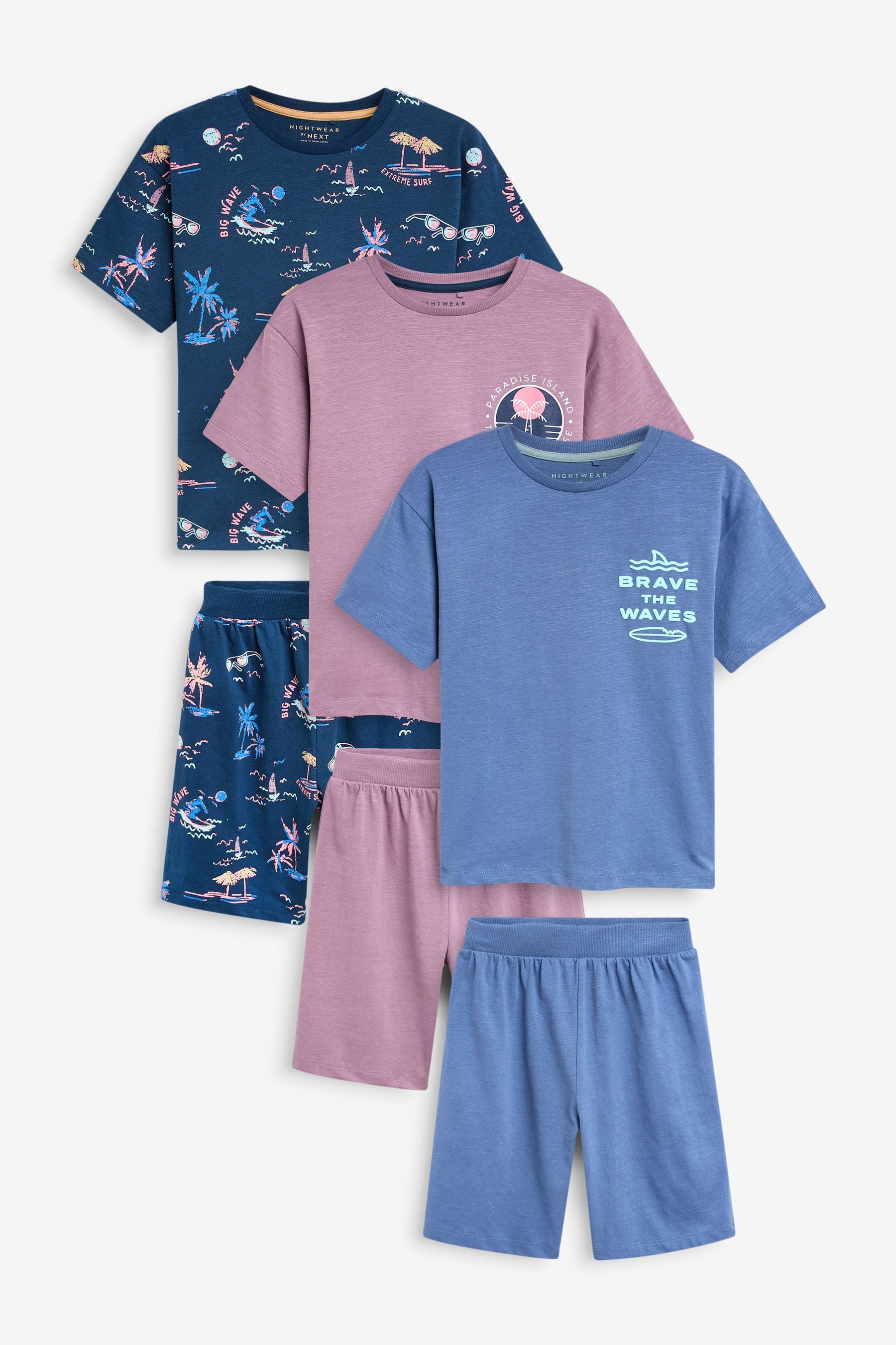 Navy/Purple Surf Short Pyjamas 3 Pack (3-16yrs)