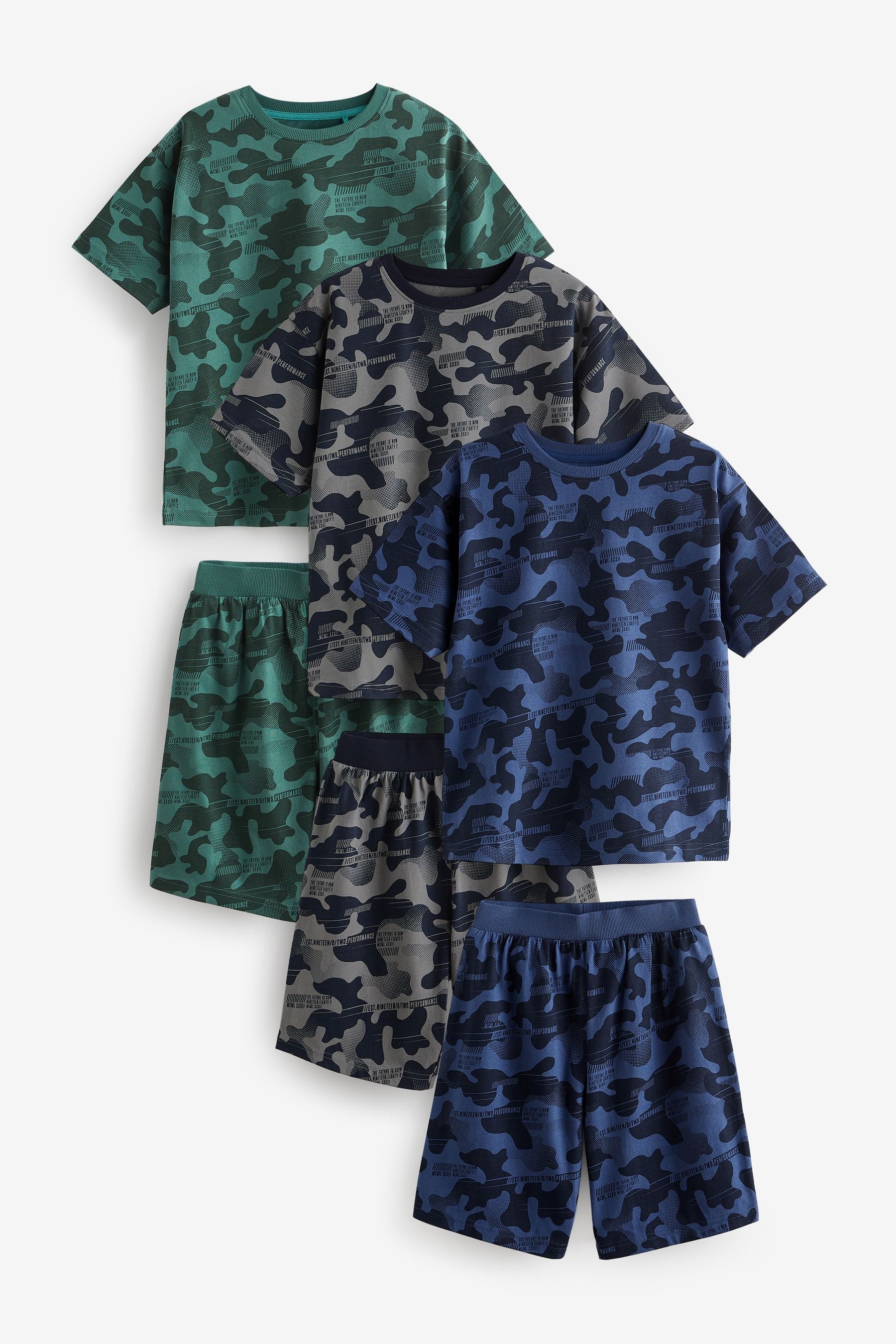 Blue/Grey/Green Camouflage 100% Cotton Short Pyjamas 3 Pack (3-16yrs)