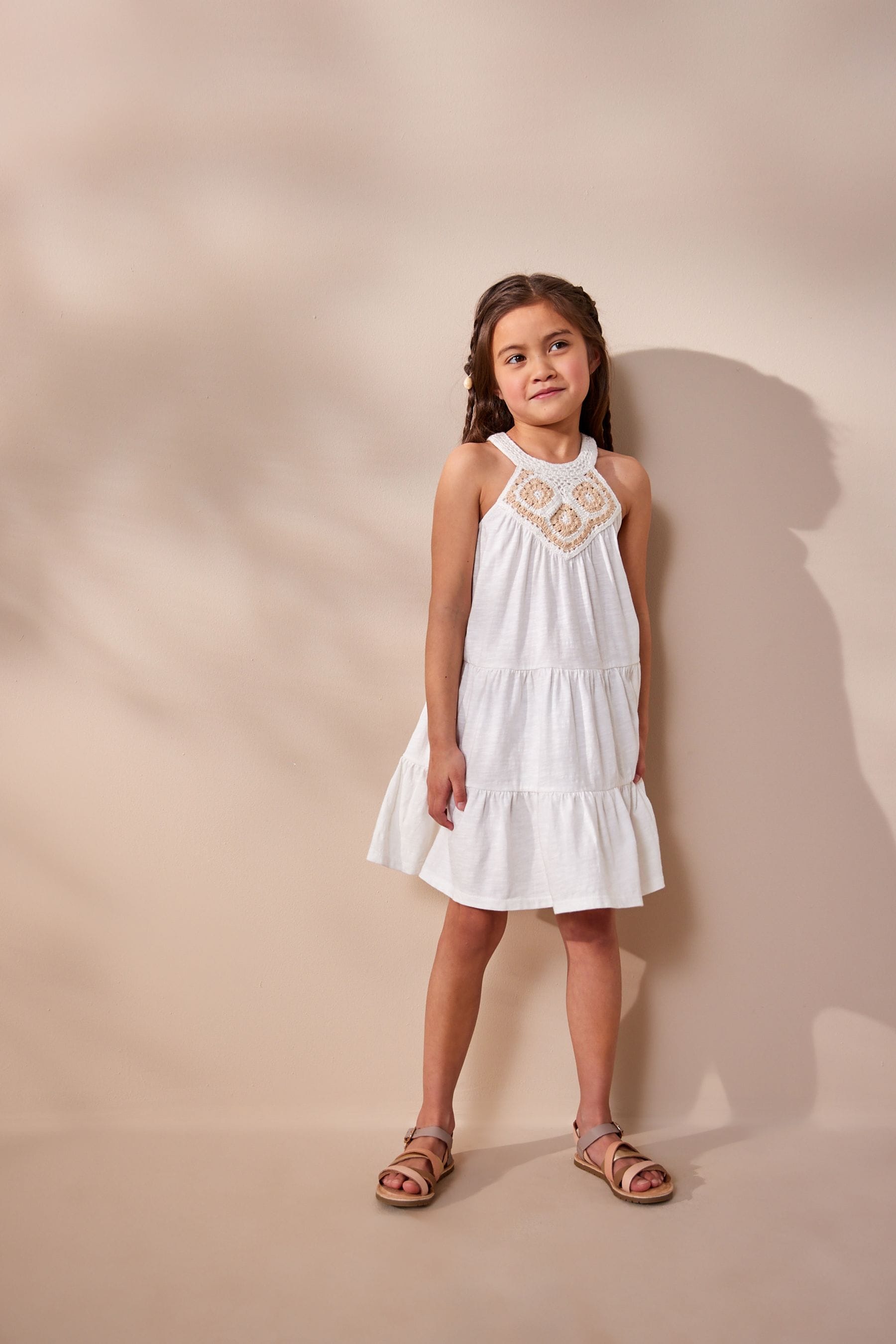 White Crochet Tiered Jersey Dress (3-16yrs)