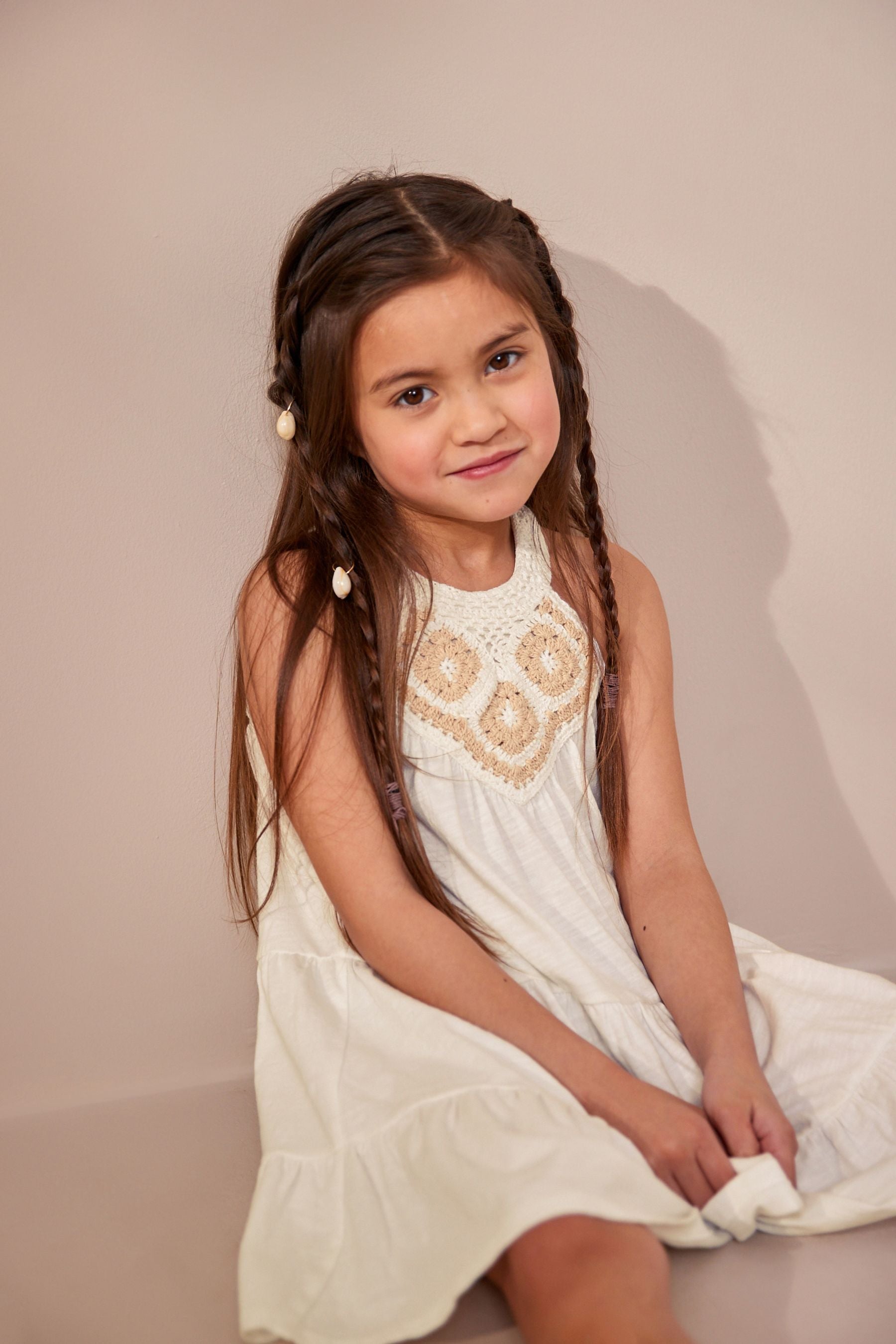 White Crochet Tiered Jersey Dress (3-16yrs)