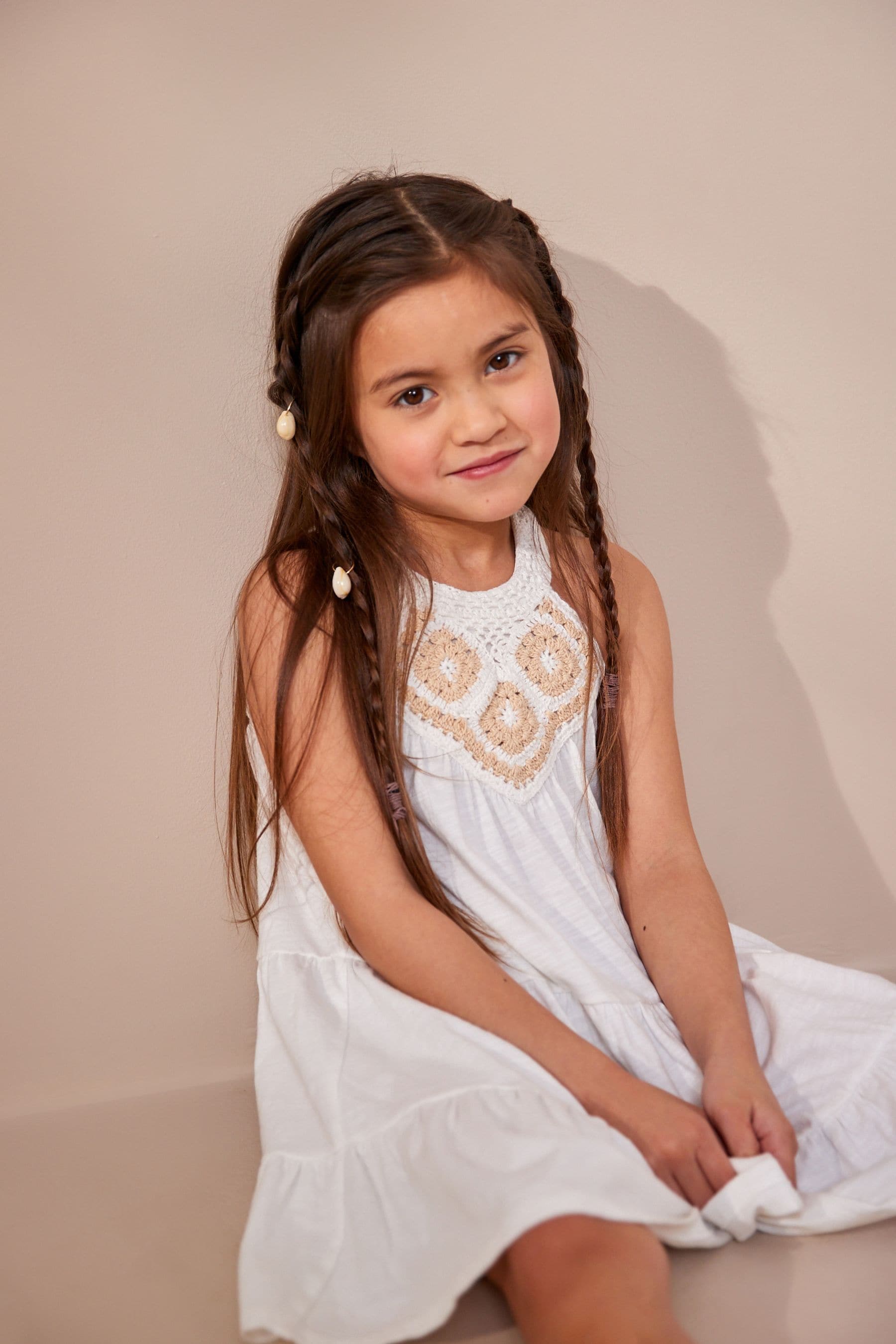 White Crochet Tiered Jersey Dress (3-16yrs)