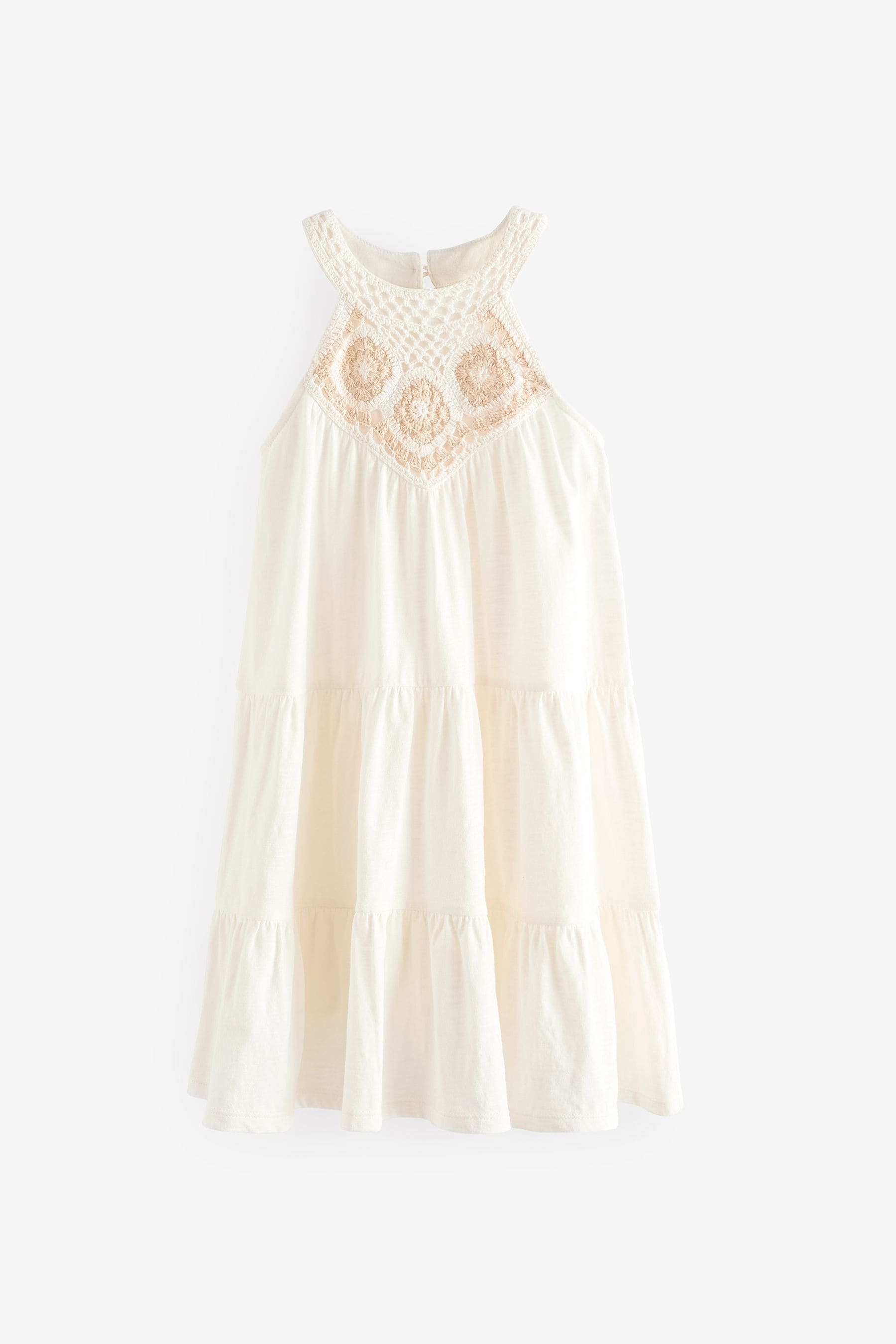 White Crochet Tiered Jersey Dress (3-16yrs)