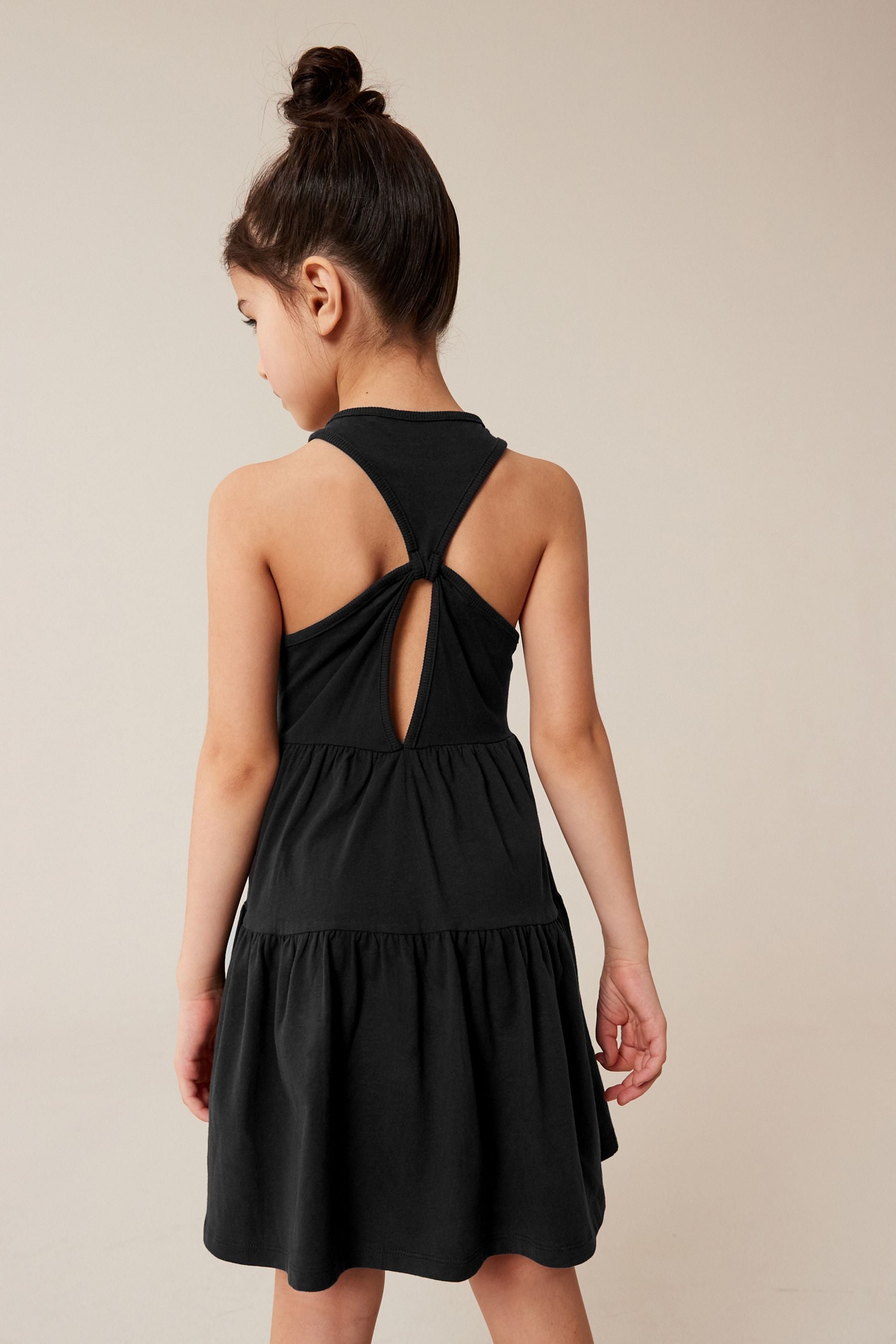 Black Jersey Back Detail Tiered Dress (3-16yrs)