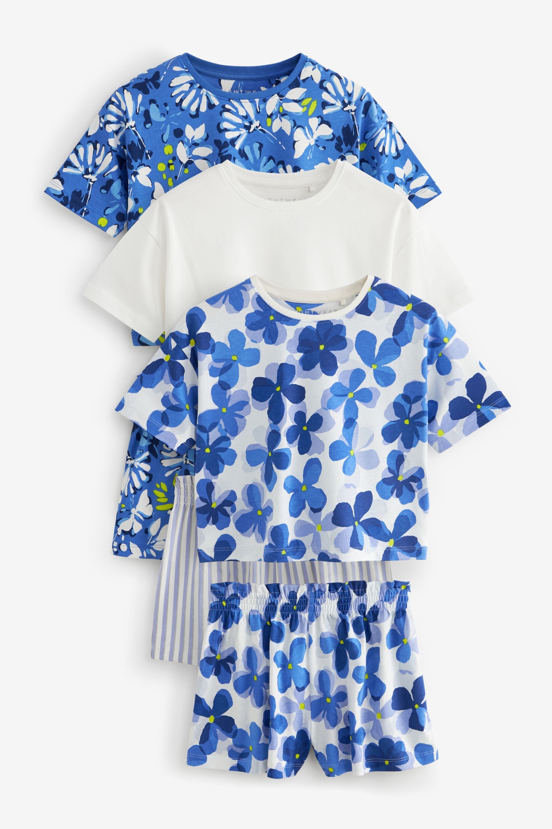 Blue Floral/ Stripe Short 100% Cotton Pyjamas 3 Pack (9mths-16yrs)