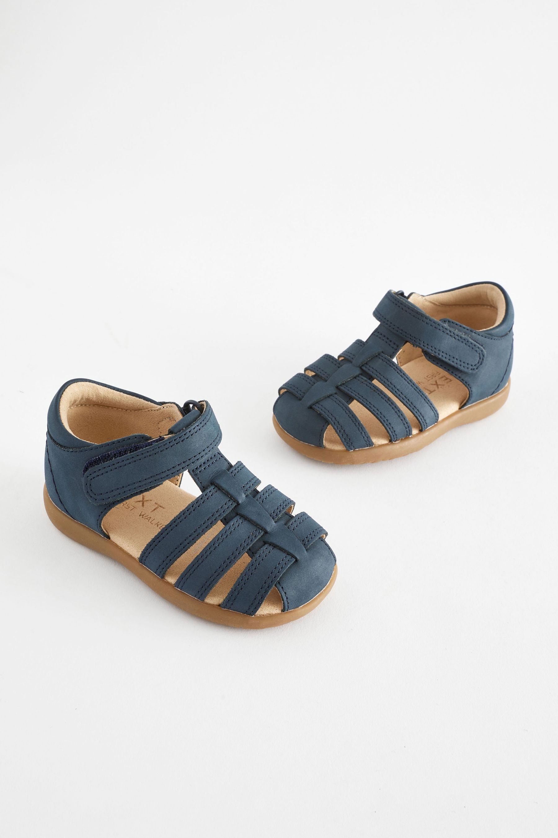 Navy Baby Touch Fastening Leather First Walker Sandals