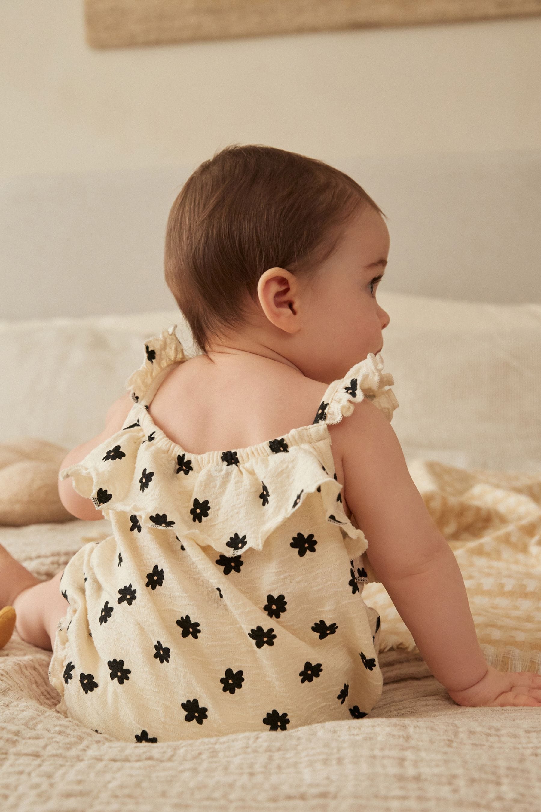 Cream/Black Floral Textured Strappy Baby Romper