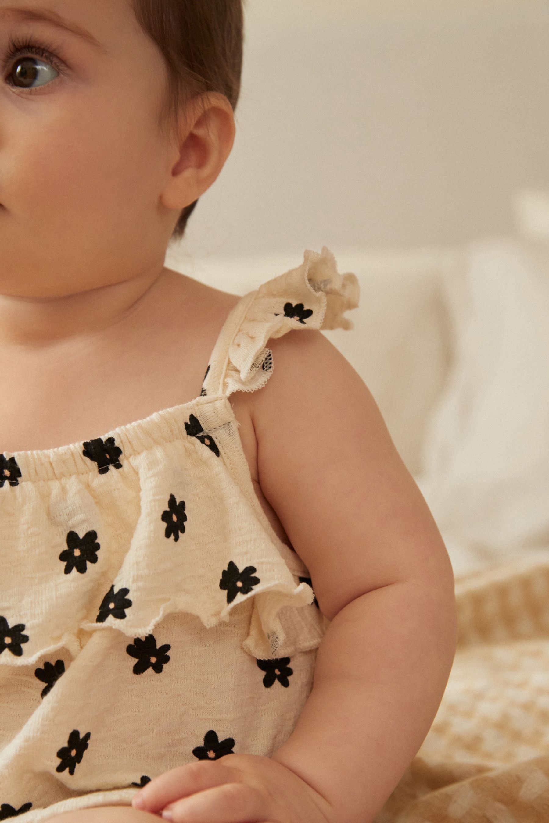 Cream/Black Floral Textured Strappy Baby Romper