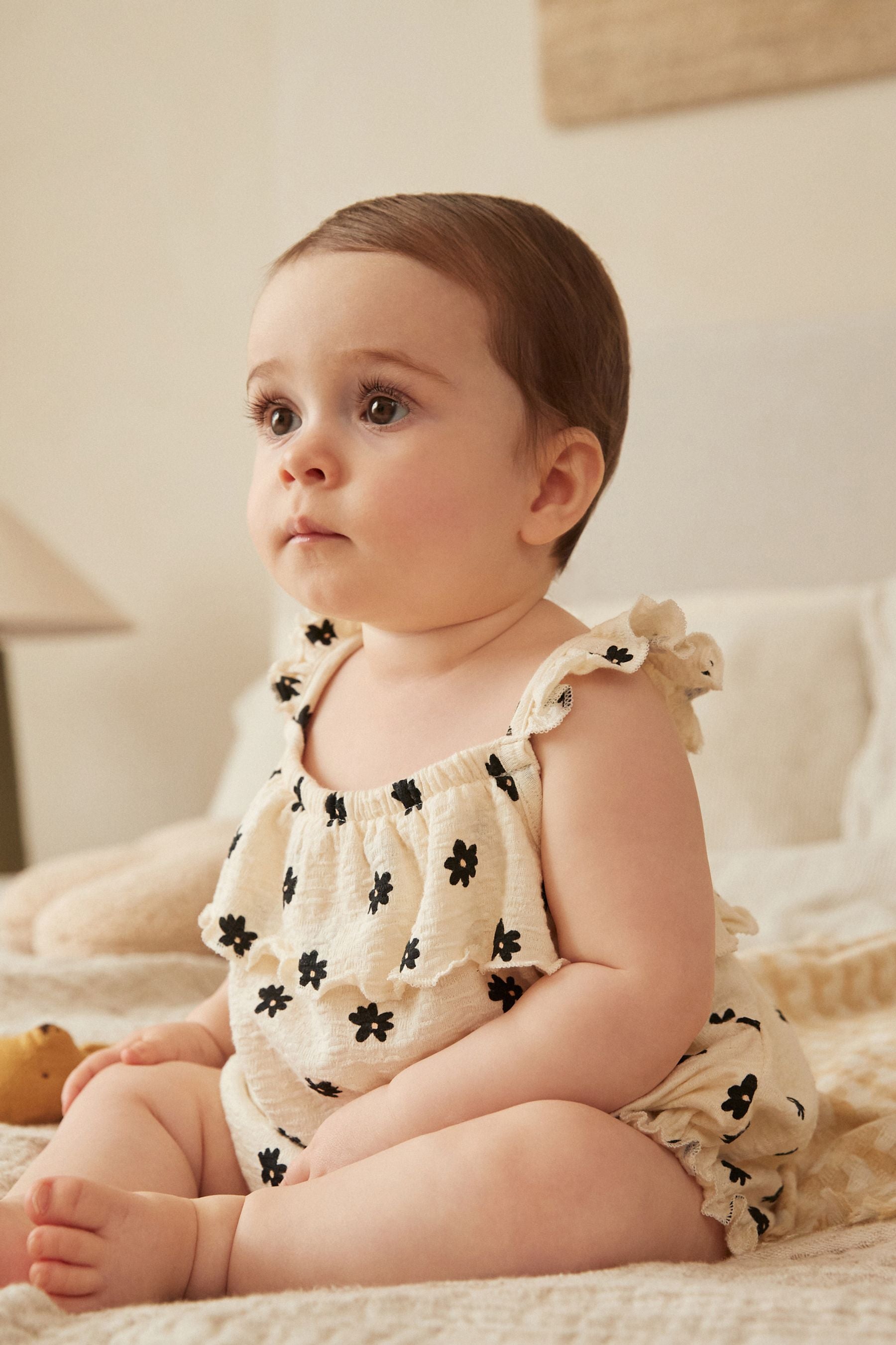 Cream/Black Floral Textured Strappy Baby Romper