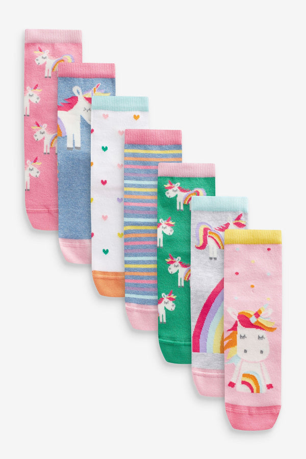 Pink, Green and blue Cotton Rich Unicorn Ankle Socks 7 Pack