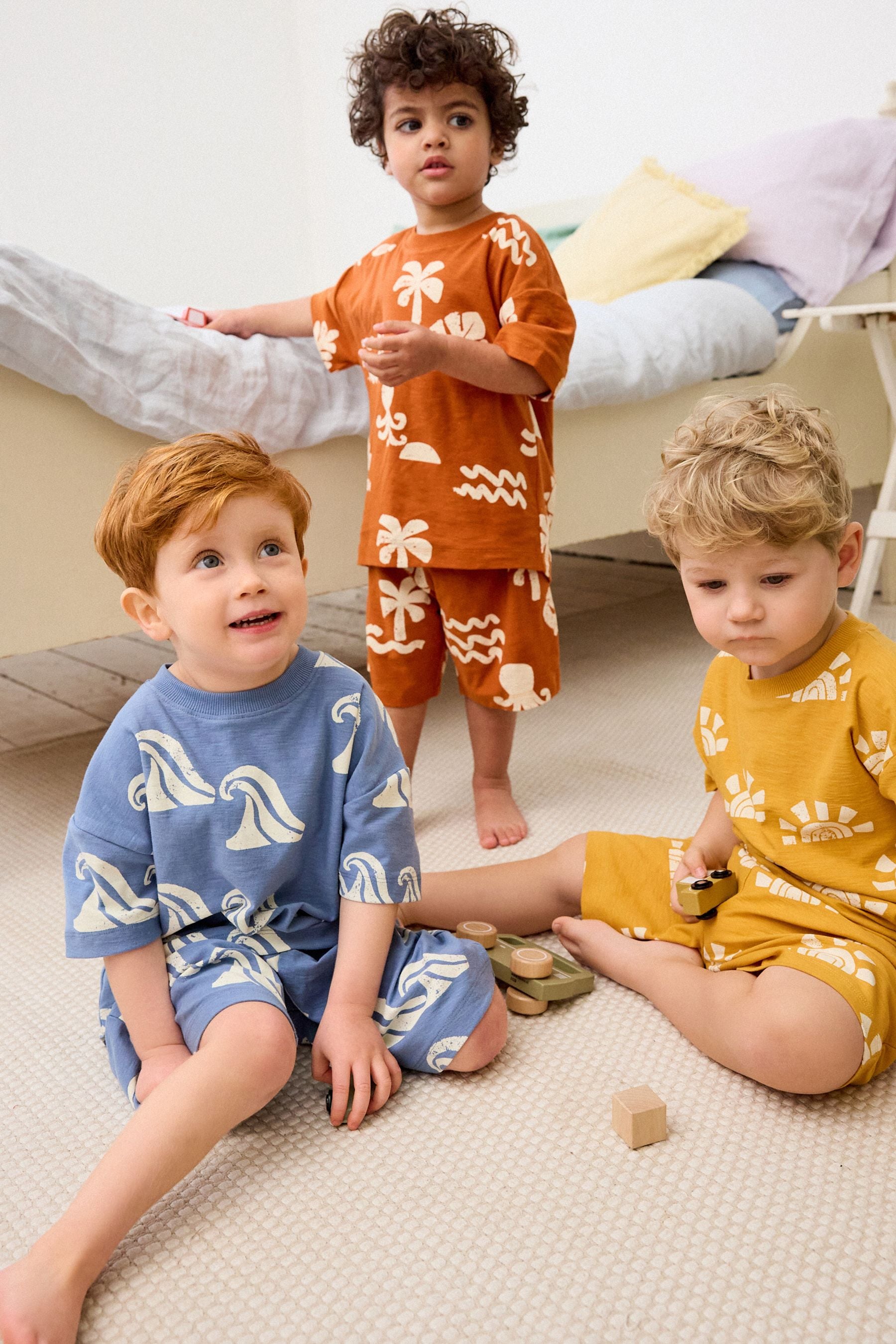 Blue/Yellow/Rust Waves Short Pyjamas 3 Pack (9mths-12yrs)