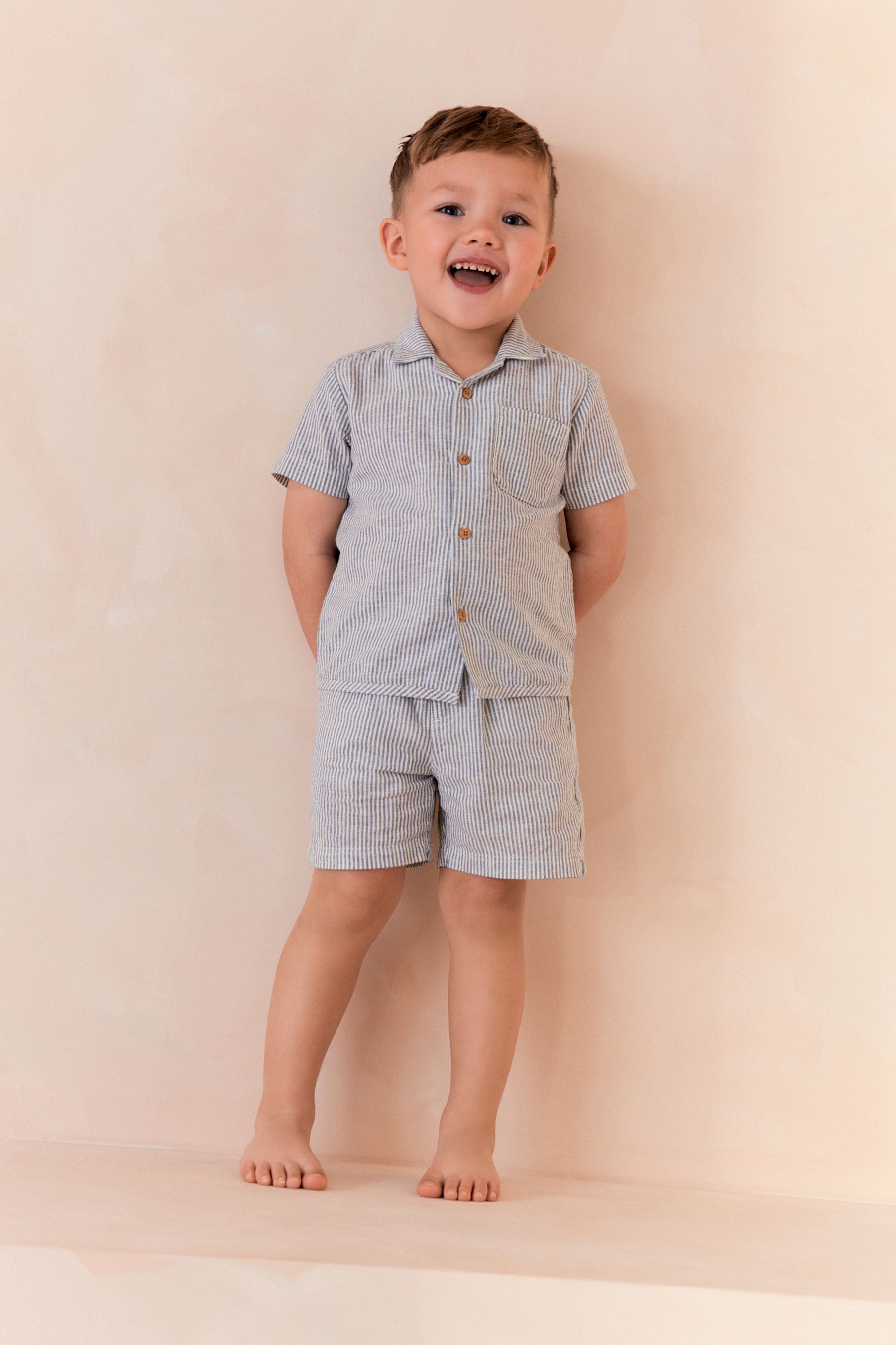 Blue/White Stripe Button Down Short Woven Pyjamas With Linen (9mths-8yrs)