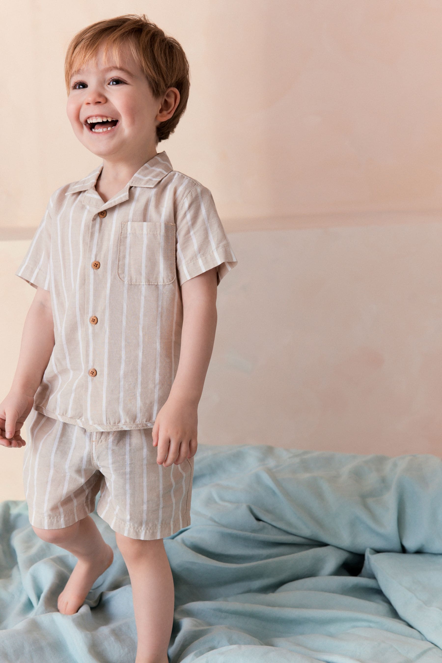 Stone Stripe Button Down Short Woven Pyjamas With Linen (9mths-8yrs)