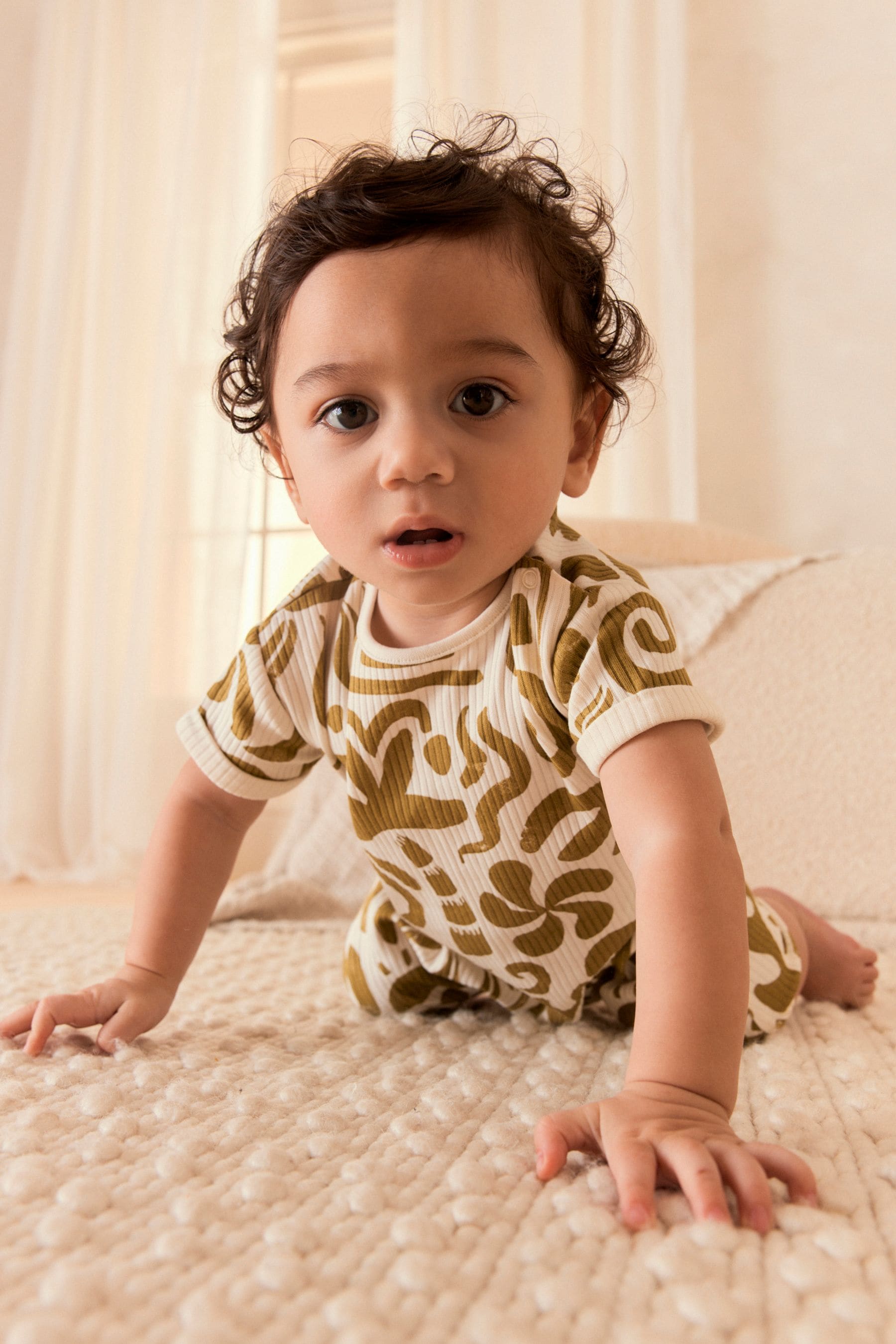 Green/White Print Baby Jersey Romper