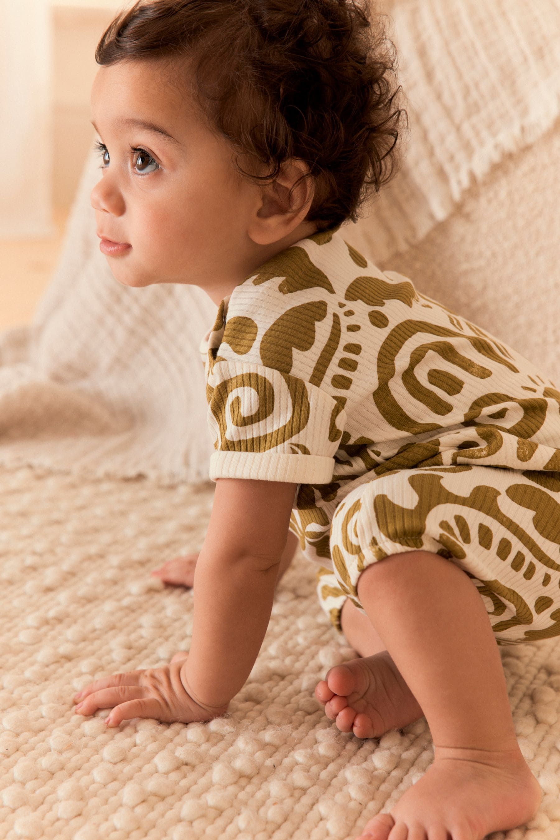 Green/White Print Baby Jersey Romper