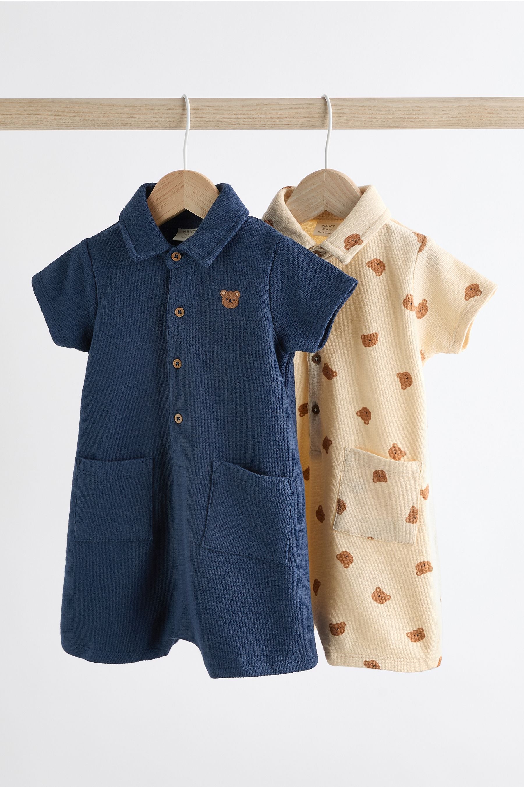 Navy Blue/Cream Bear Collar Jersey Rompers 2 Pack